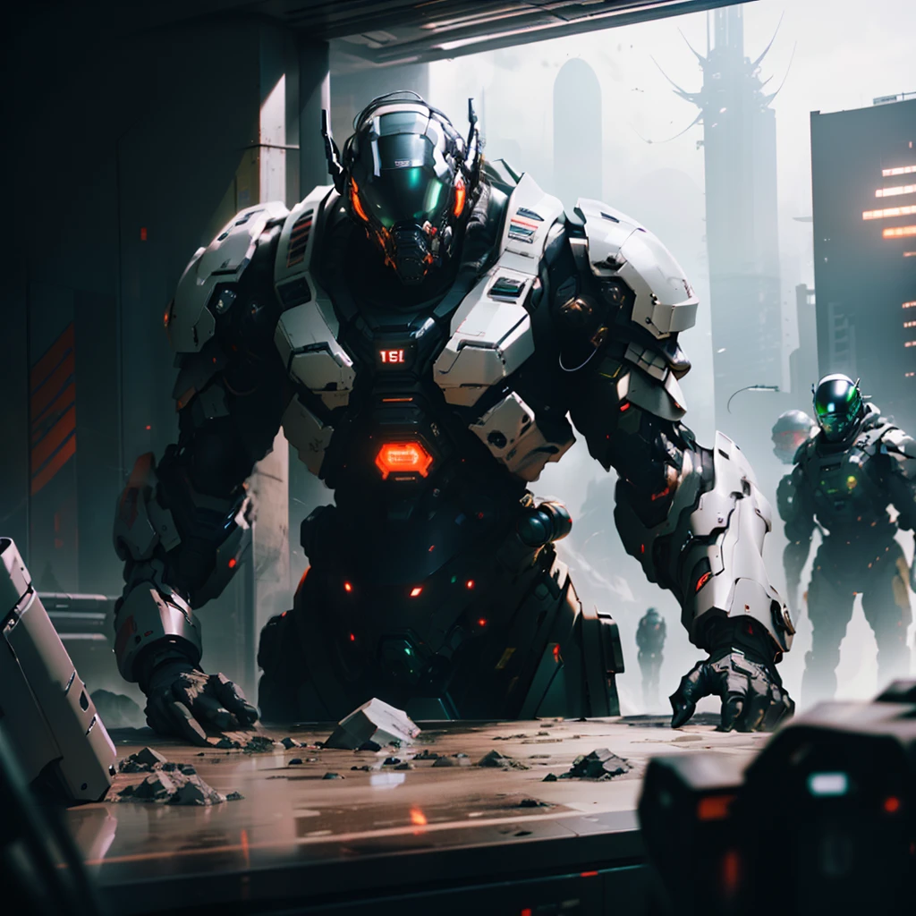 ((Best quality)), ((masterpiece)), (highly detailed:1.3), In a sprawling cyberpunk metropolis, dominated by towering skyscrapers and neon-lit alleys, a dystopian mega corporation known as OmniCorp reigns supreme. OmniCorp, driven by insatiable greed and power, has ventured beyond Earth's boundaries to exploit the vast resources of near-earth objects (NEOs) in a relentless pursuit of profit.Set in a gritty future, where the line between humanity and technology blurs, your images will depict the dark and ruthless world of NEO asteroid mining. Explore the juxtaposition of high-tech machinery, advanced robotics, and human labor as they collaborate to extract precious minerals and resources from the cold depths of space.Capture the scenes of colossal mining rigs, suspended in zero-gravity, relentlessly drilling into massive NEOs, their mechanical arms piercing through the rocky exterior. Show the workers, adorned in cybernetic suits, braving the harsh conditions of space to harvest the valuable ores, their faces obscured by gas masks and reflective visors.Amidst the cold and desolate asteroids, reveal the towering presence of the OmniCorp headquarters—a monolithic structure that casts a shadow over the workers below. Showcase the opulent offices and boardrooms, where executives make decisions that shape the destiny of both the company and the exploited masses.But beneath the shiny veneer of corporate power, unveil the simmering rebellion of the oppressed. Depict the clandestine activities of underground resistance movements, fighting against OmniCorp's iron grip on society. Show their covert operations, hacking into the corporation's networks, and plotting to expose its dark secrets.Incorporate elements of advanced technology, cybernetic enhancements, holographic displays, and augmented reality overlays to accentuate the cyberpunk atmosphere. Explore the contrast between the bleak and polluted cityscape and the infinite expanse of space, emphasizing the impact of humanit