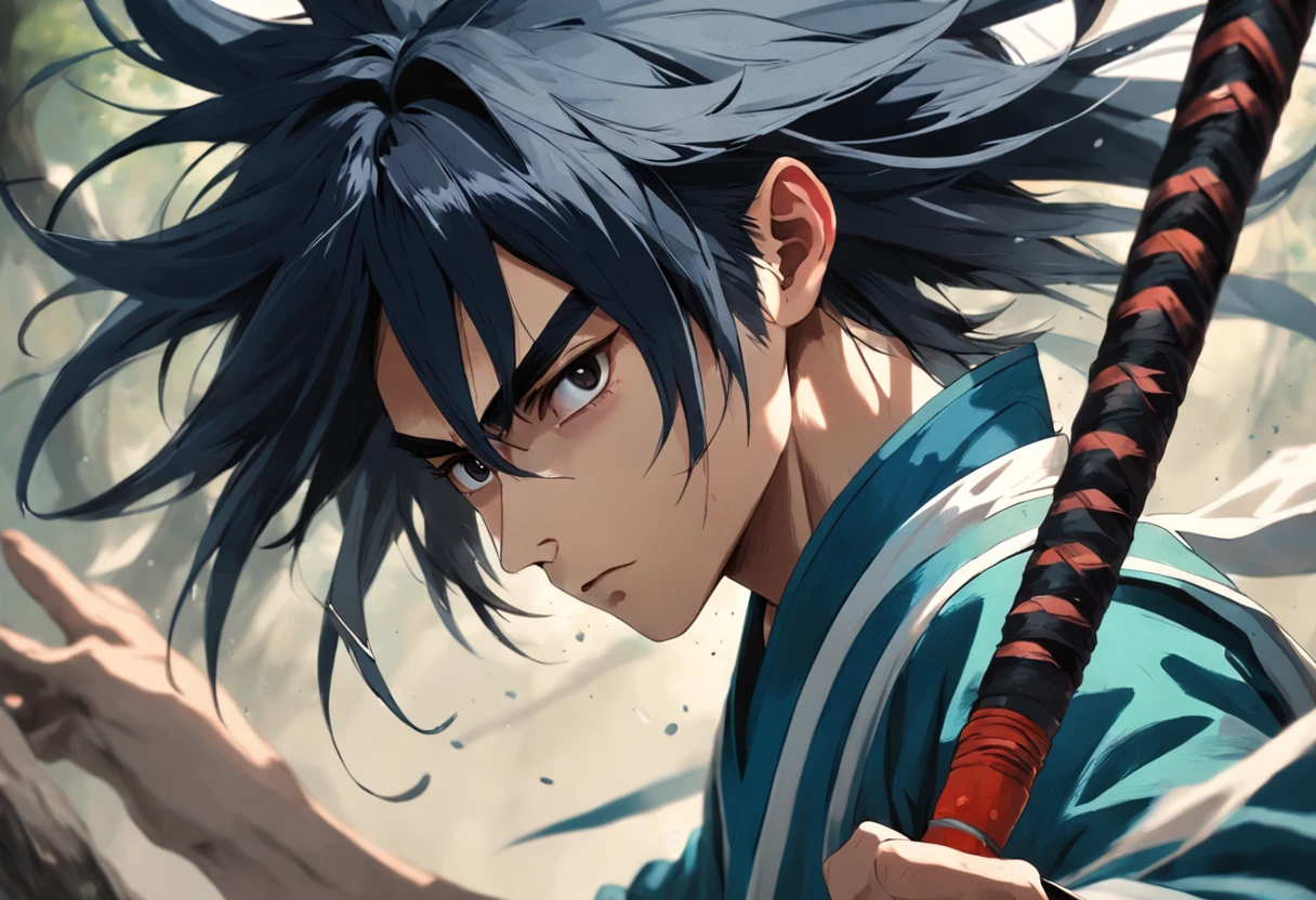 an extreme closeup shot：Young male swordsman of the Song Dynasty，Hair soars，Wielding a long baseball bat，Cold eyes。battle posture，Motion Blur，perfect hand，Alien forest in the wind，lightand shade contrast，Top，Focus on people。Depth of Field 1.5。Chinese Ink Splash Painting Style，taking photographs:Zhang Daqian。