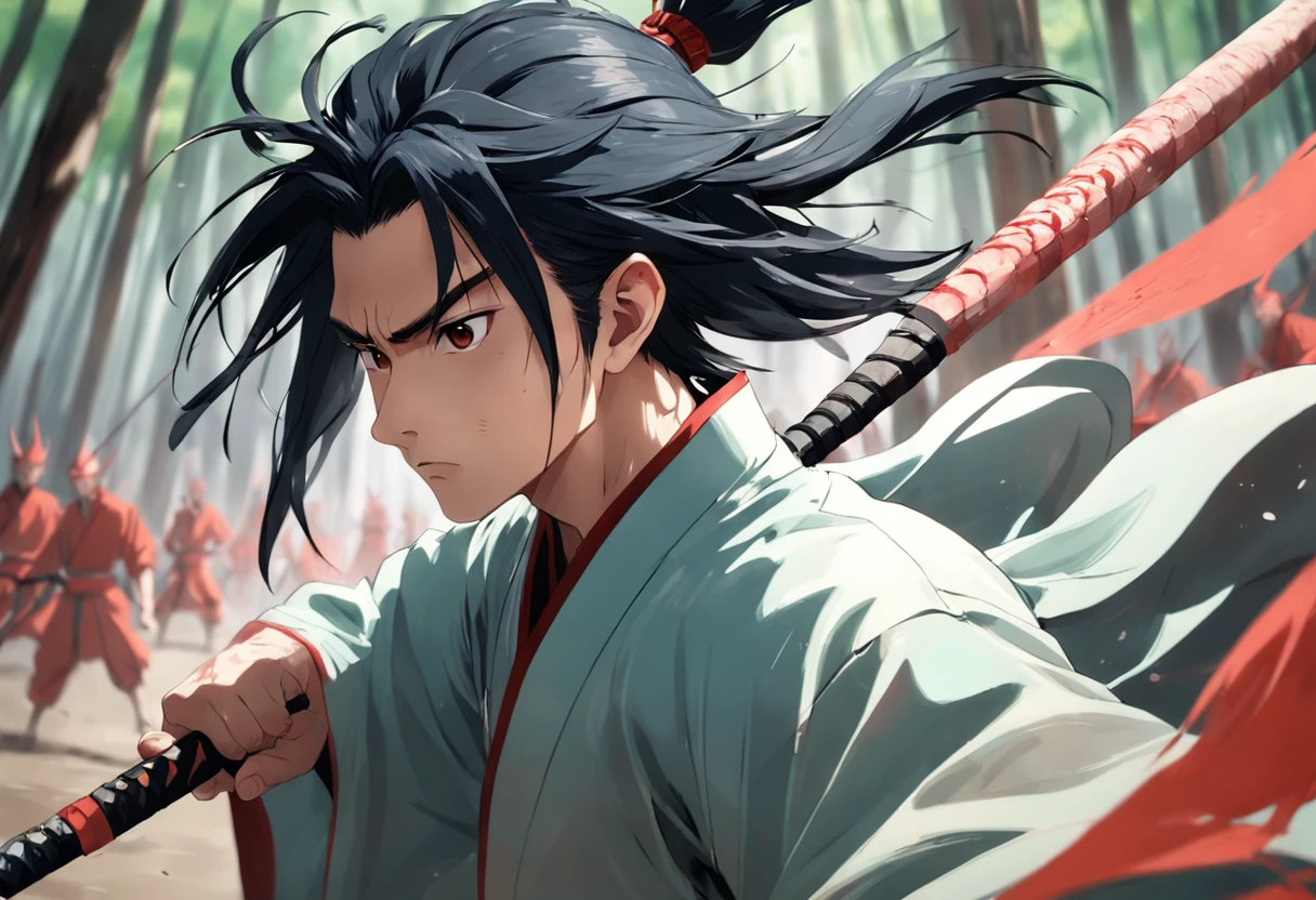 an extreme closeup shot:Young male swordsman of the Song Dynasty,Hair soars,Wielding a long baseball bat,Cold eyes。battle posture,Motion Blur,perfect hand,Alien forest in the wind,lightand shade contrast,Top,Focus on people。Depth of Field 1.5。Chinese Ink Splash Painting Style,taking photographs:Zhang Daqian。
