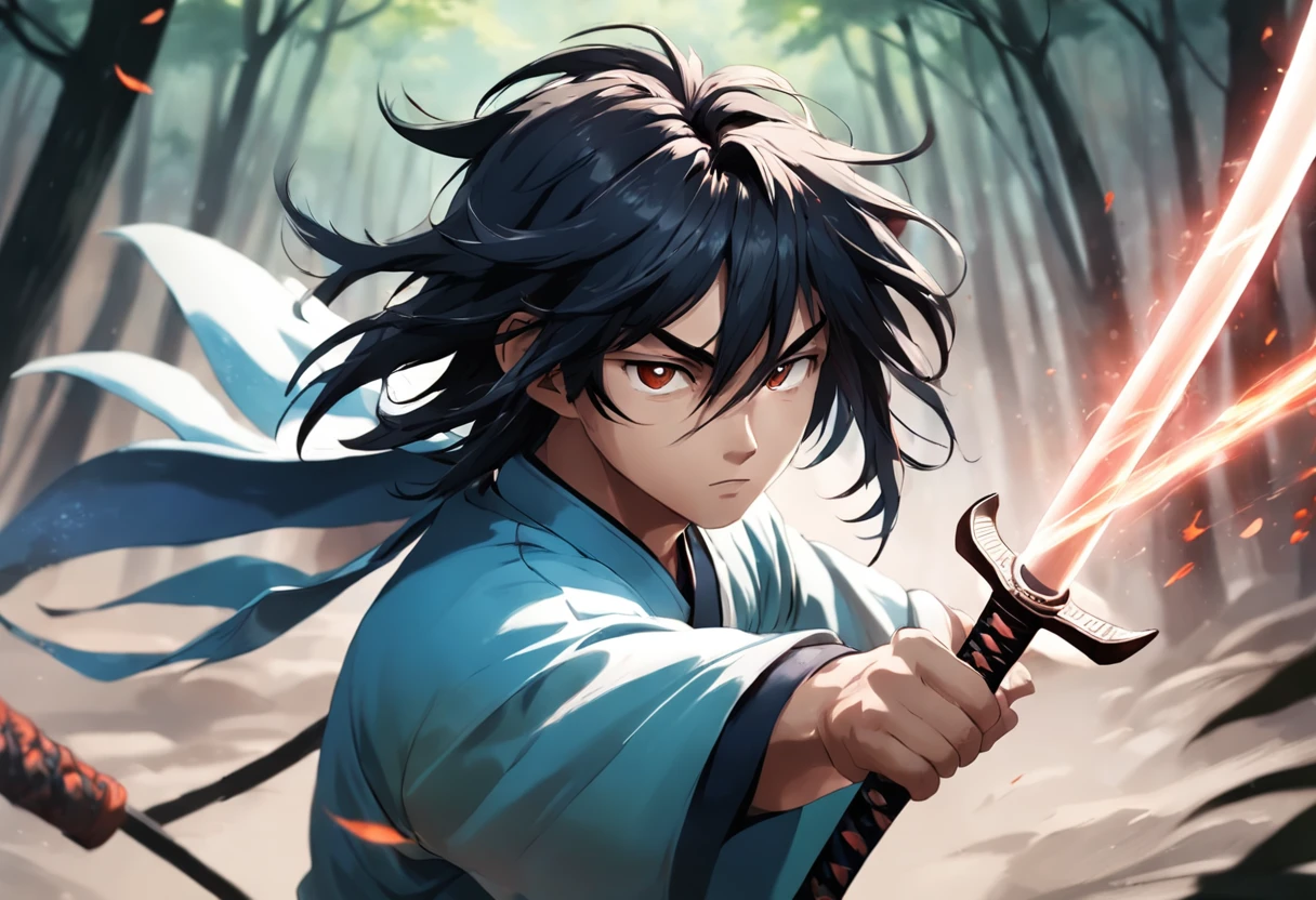 an extreme closeup shot：Young male swordsman of the Song Dynasty，Hair soars，Wielding a long baseball bat，Cold eyes。battle posture，Motion Blur，perfect hand，Alien forest in the wind，lightand shade contrast，Top，Focus on people。Depth of Field 1.5。Chinese Ink Splash Painting Style，taking photographs:Zhang Daqian。