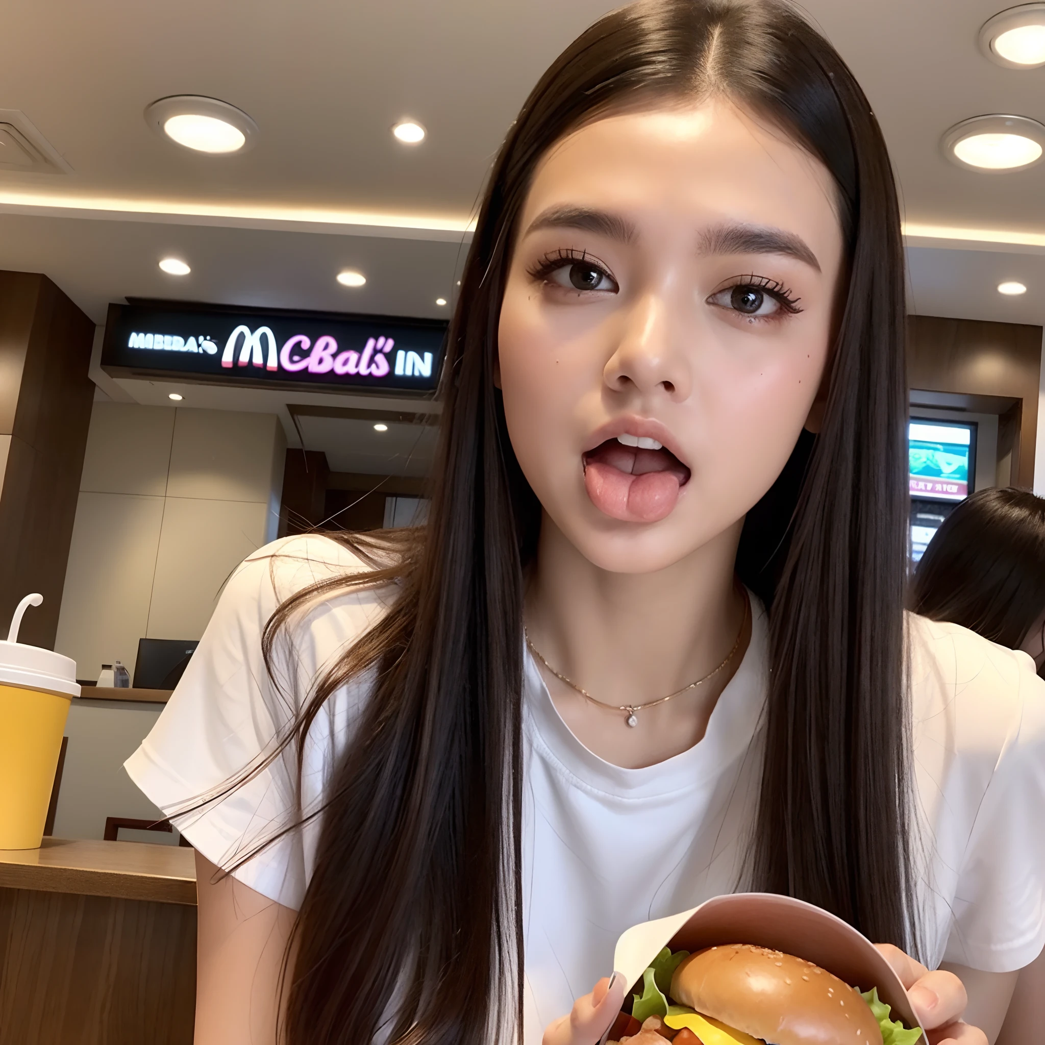 A 30-year-old Brazilian woman eating hamburger in a modern cafeteria with interior decorated in blue and red colors. He's happy, looking at the camera. Super detailed, photo.