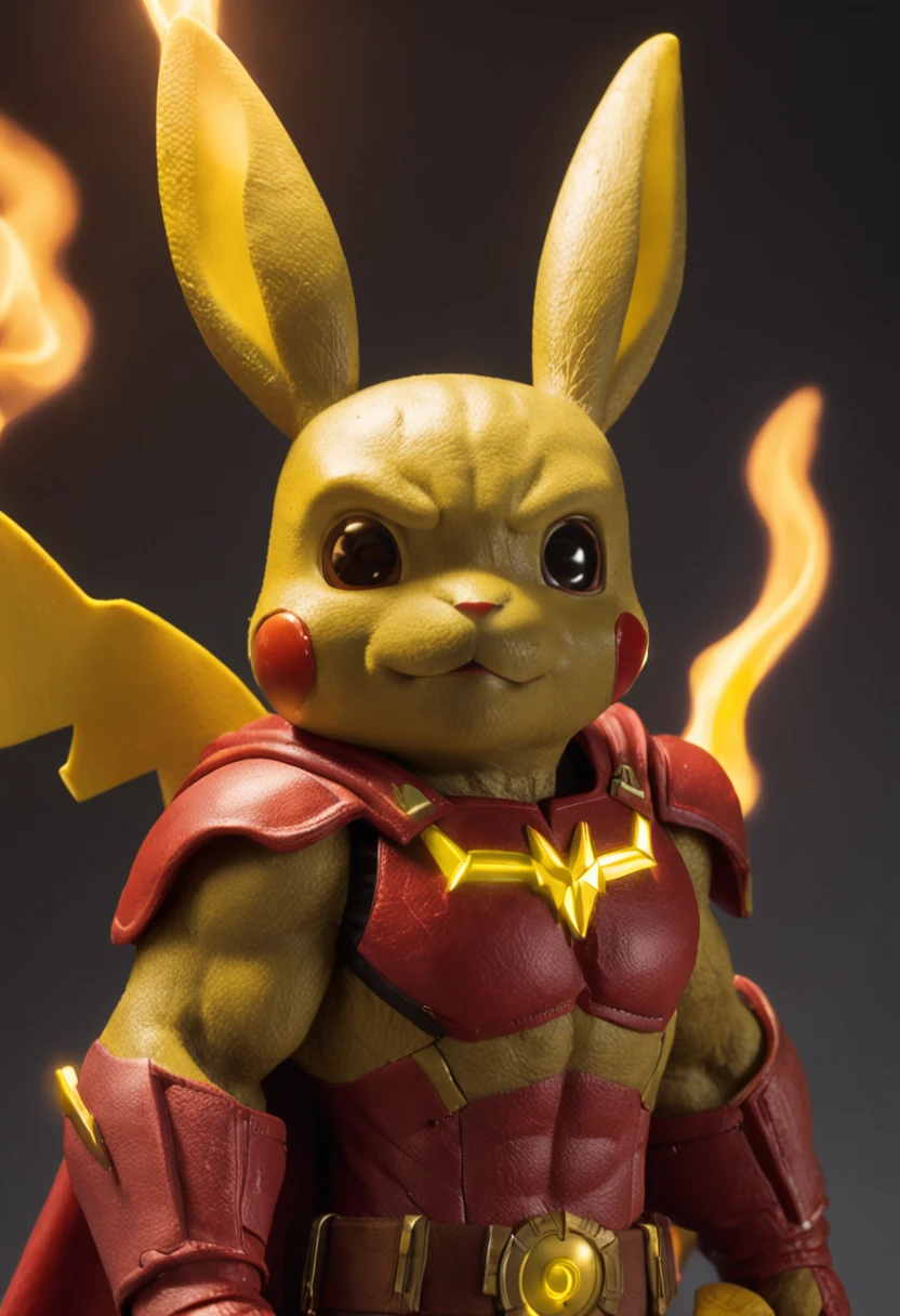 masterpiece,best quality, illustration, Pikachu wearing super-man suit,beautiful detailed glow,(flames of war:1.2),detailed lighting,(beautiful detailed eyes:1.1),expressionless,