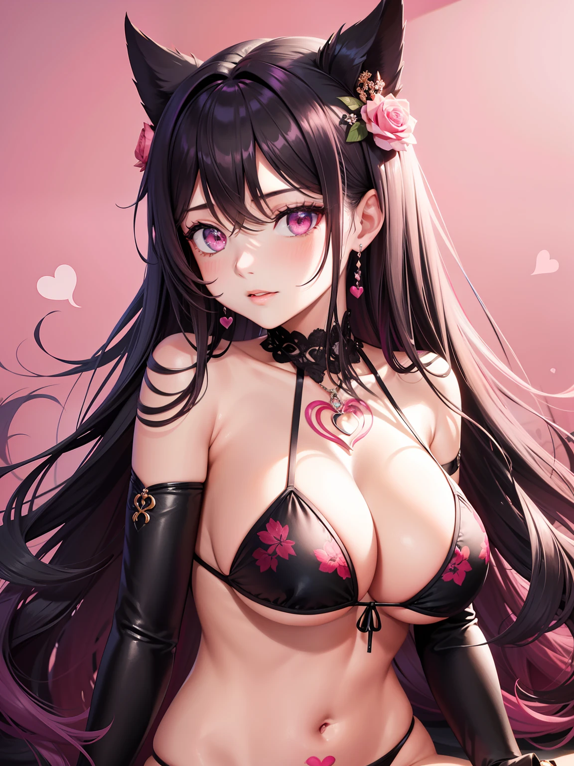 Uma cena romantica onde uma garota negra com cabelo liso de mechas rosas choque, pink eyes and a heart tattoo in the middle of her breasts, a rupa que usa e um bikini rosa pequeno.