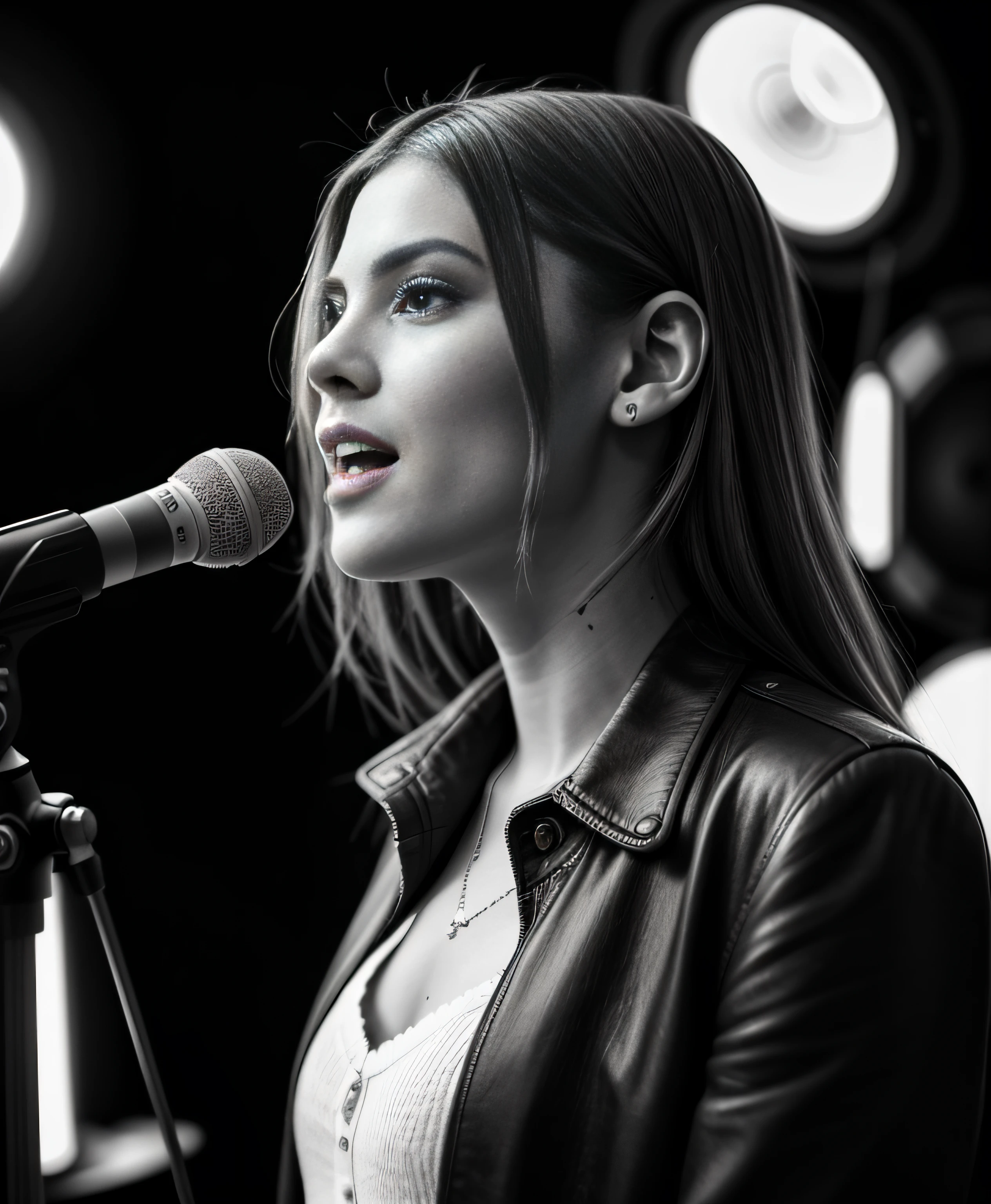 (masterpiece, photorealistic, raw,: 1.4), (highly complex: 1.2), long view model, cinematic light, side lighting, super sharp, best shadow, raw, very beautiful and attractive European girl with attractive figure standing in music studio is holding a microphone, old microphone, old black coat and white shirt in English style, profile face, light bokeh background, European girl holding a microphone and singing