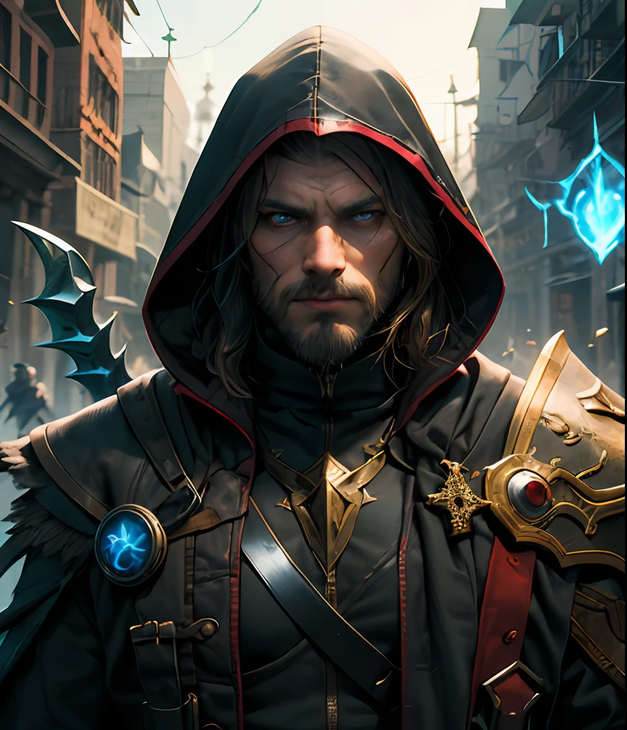 A mysterious assassin, man wearing assassin clothes and hooded, and carrying blades, pretty, face, portrait, HD, arcane artstyle, Magic, league Of Legends lore