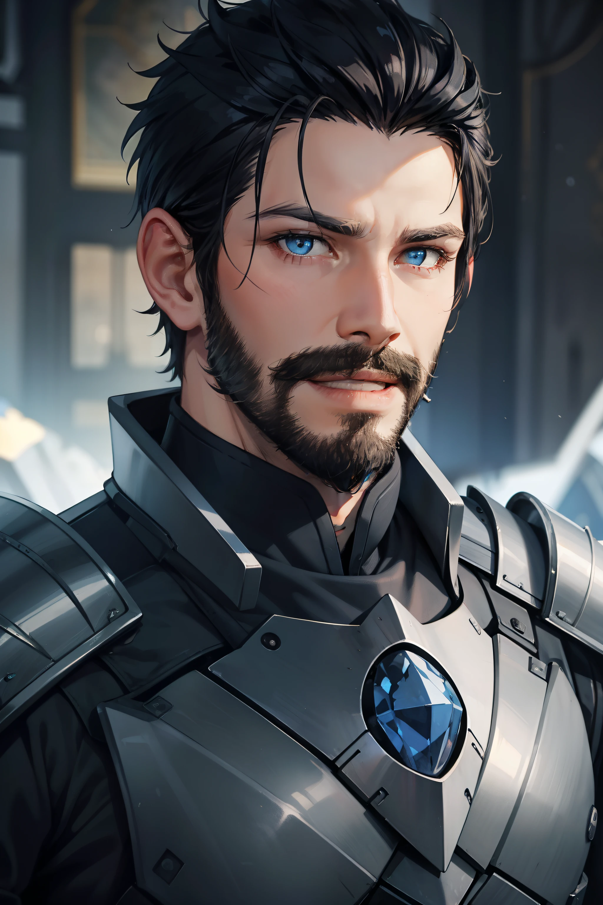 Male, short spiky hair, black hair color, long eyelashes, without eyebrows, blue eye color, trimmed beard and mustache, grey skin color, 8k, portrait, silver armor with blue crystal, warm smile, square face