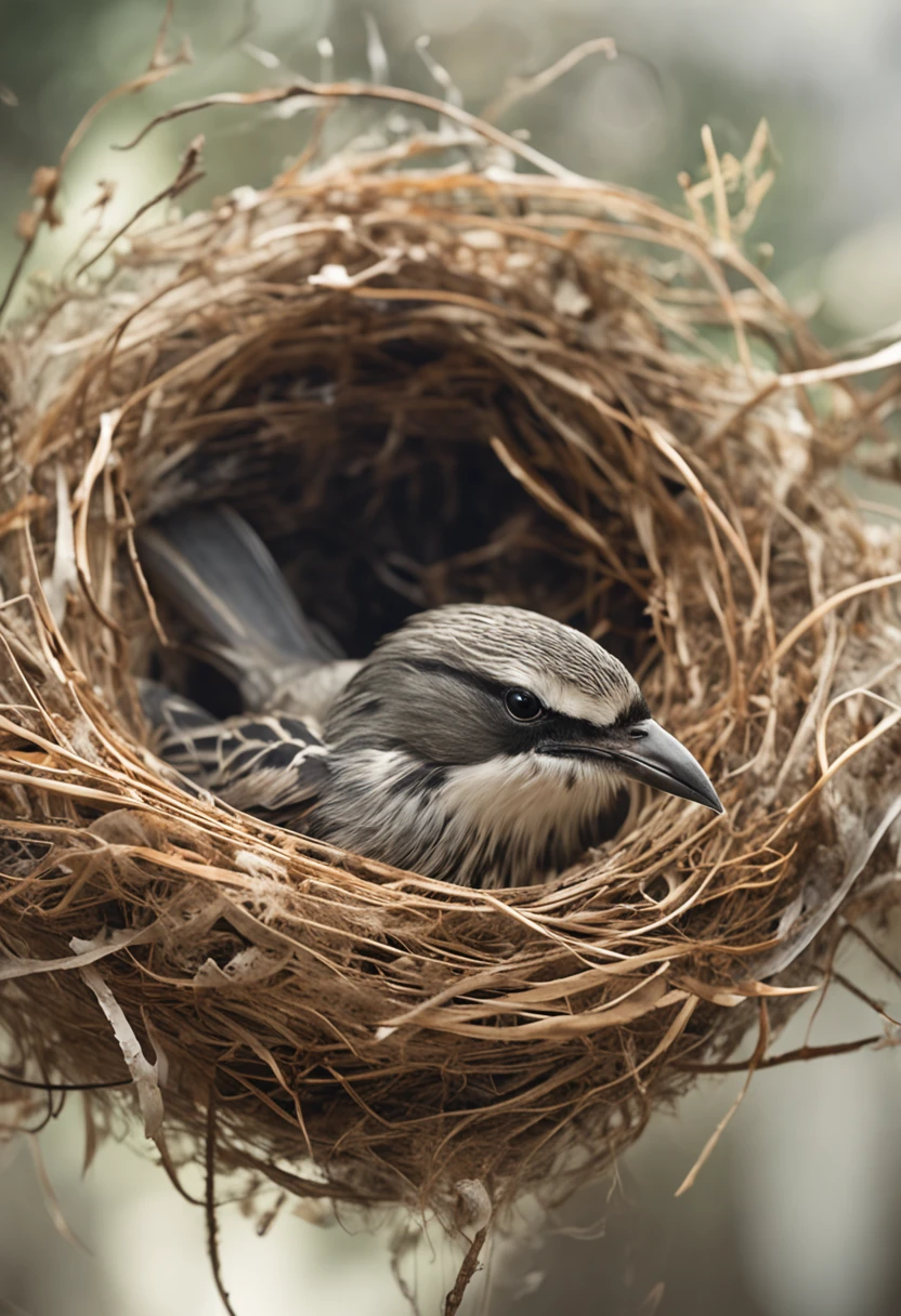 "An artistic closeup of a bird in its nest, capturando a riqueza das penas e texturas. Feathers exhibit incredible complexity, com cada detalhe minuciosamente destacado, revealing the delicacy of the fibers and their subtle color variations. The bird is immersed in its environment, no interior acolhedor de sua casa, conveying a sense of security and tranquility. The background is gently blurred, further emphasizing the bird's protagonism and adding a sense of depth to the scene. The artistic brushstrokes give a unique quality to the image, Capturing Not Just Reality, but also the emotion and essence of the moment."