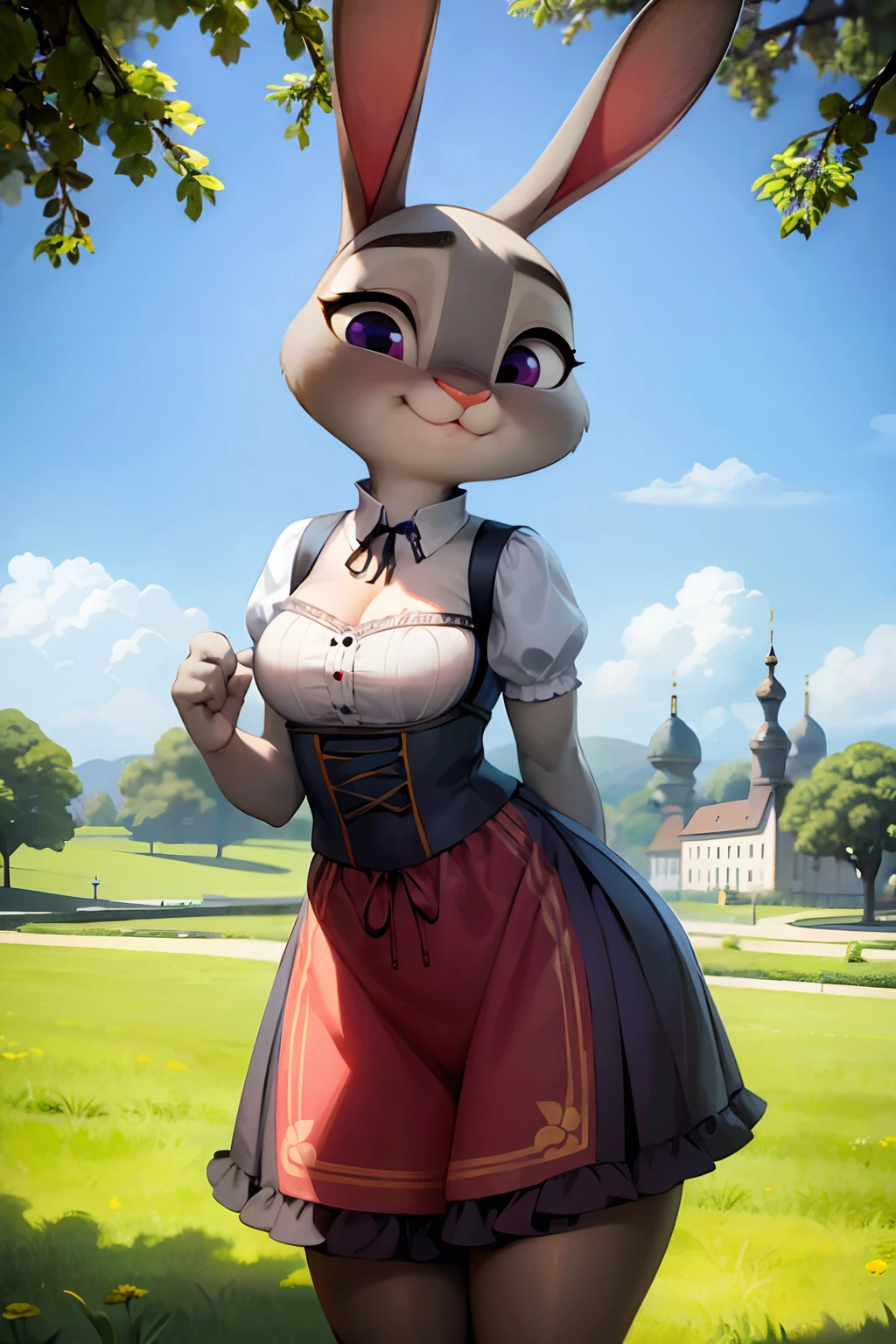 Traditional German dress, Cereja corneliana, Traditional Bavarian costume, jardim tranquilo, lone girl, Judy Hopps, adorable face, cuteexpression, anatomia perfeita, beautiful scenery, Rosto detalhado.