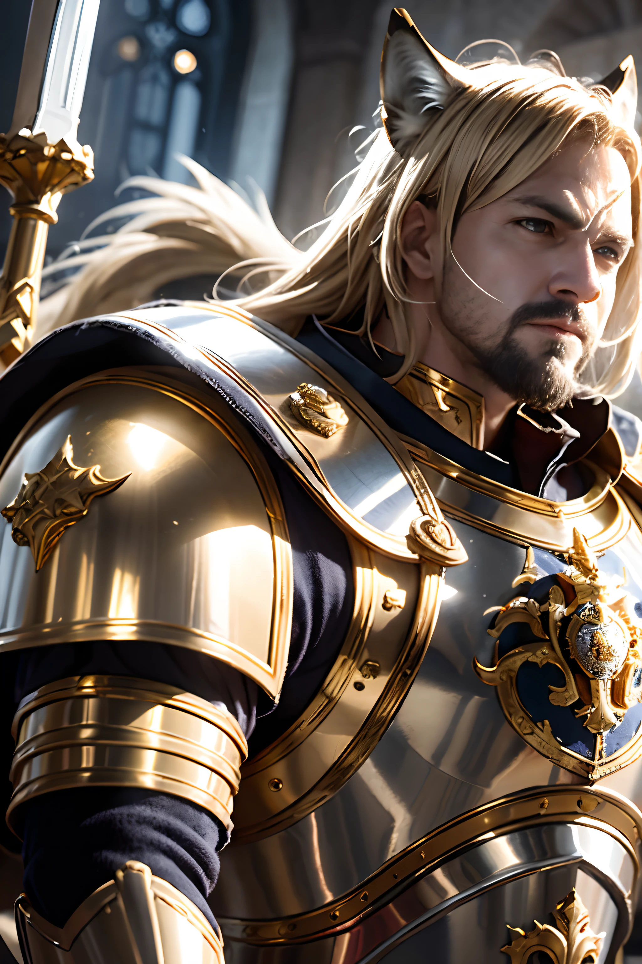 Strong Man,knights, golden armour，Gold Armor，With a sword and shield，Royal style，Comic style, , Sub-surface scattering, ornate detail, nature backdrop, Hyper-realistic, Cinematic, Dramatic Lighting, masutepiece、Armor with a wolf motif、