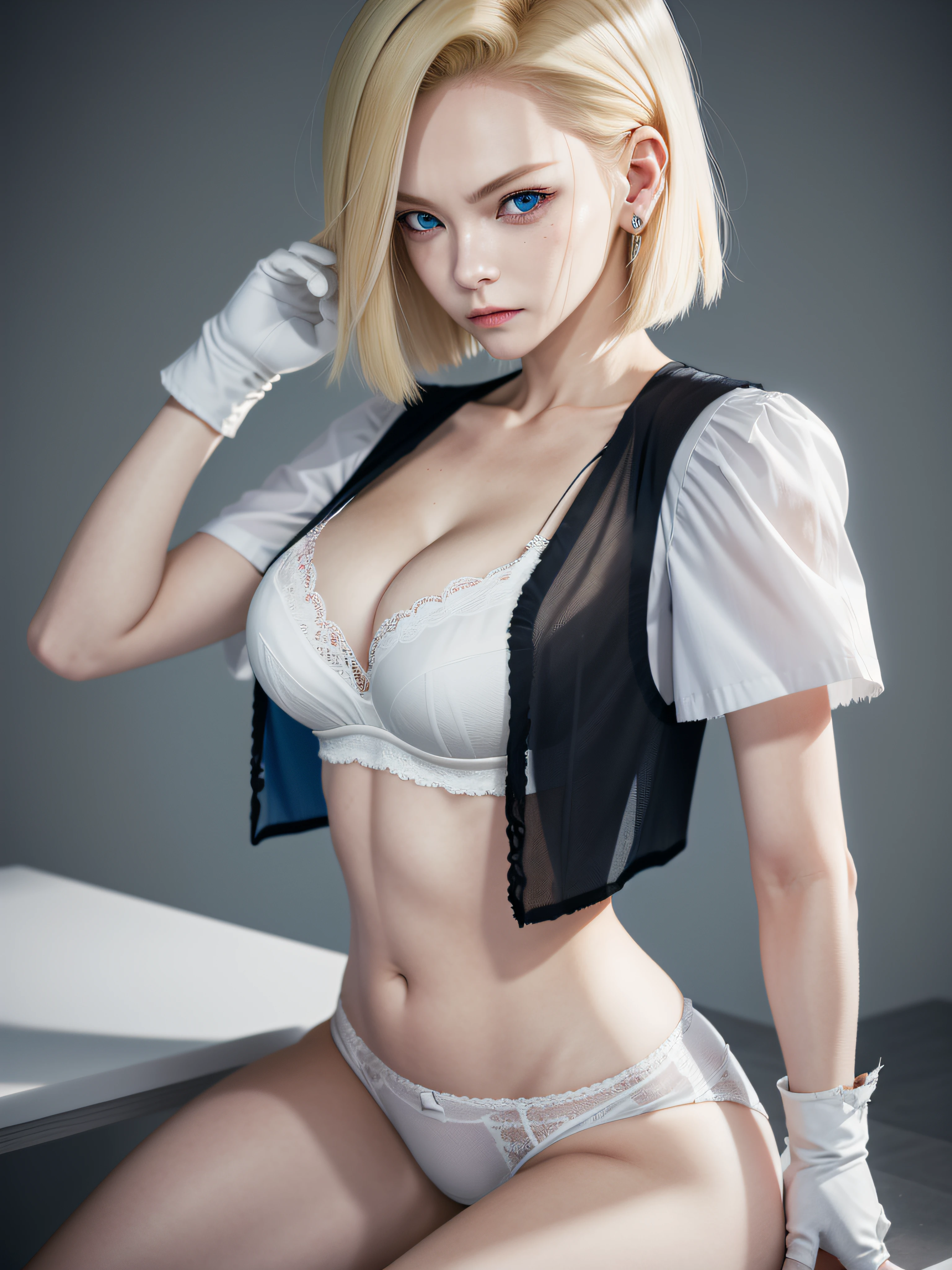 Best quality at best， A high resolution， and 18， 1girll， Android 18， 独奏， blond hairbl， eBlue eyes， Black gloves， white  shirt， short detailed hair， short- sleeved， 耳Nipple Ring， Open the vest， Large ， （废墟：1.3）， （torn laundry：2）， sitted， face expressionless， cleavagexplosions， 3 sets，White lace bra