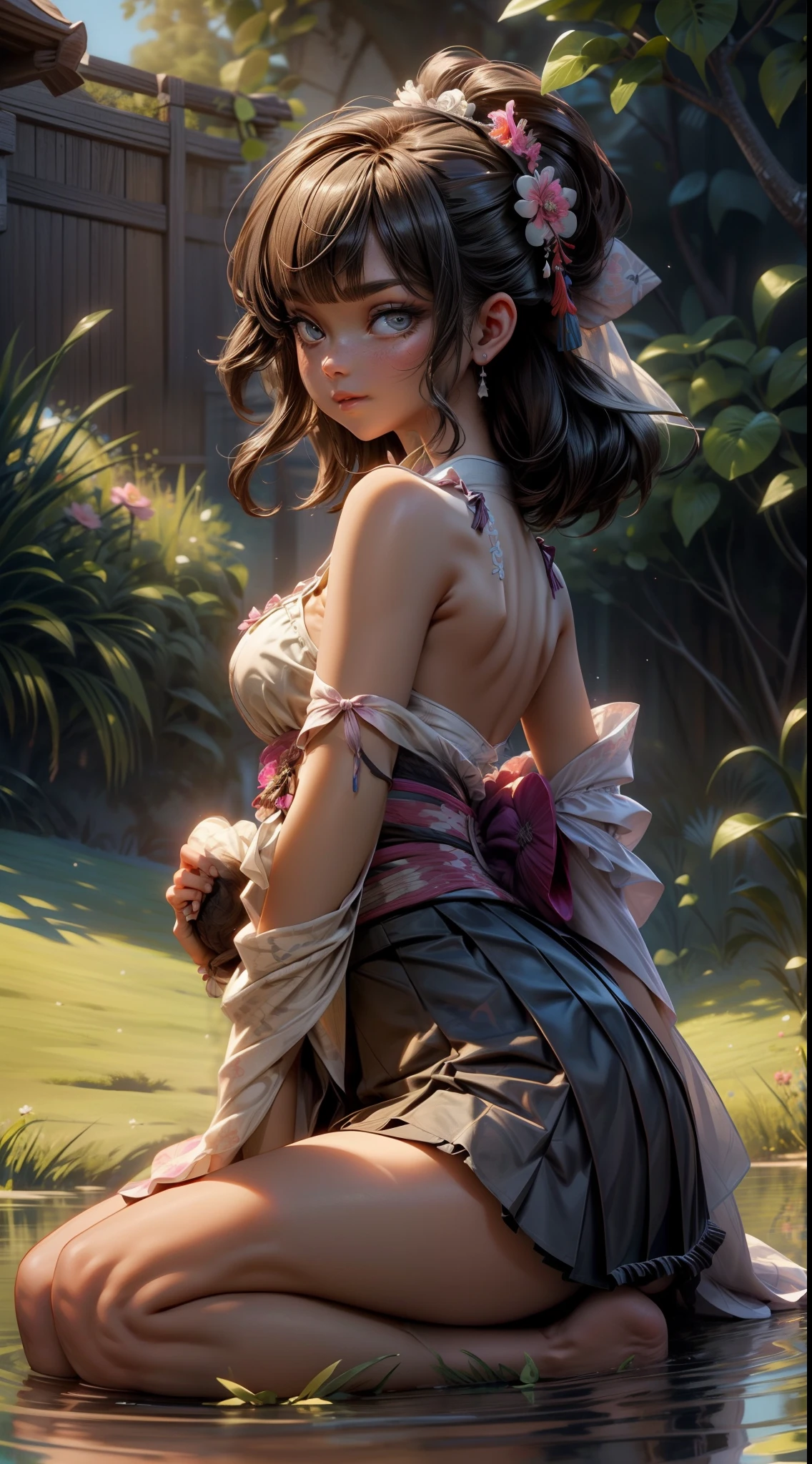 peasant girl, 1girl, perfect and well designed eyes, (beautiful detailed eyes:1.05), natural breasts, slim body, delicate face, fair skin, detailed skin, realistic skin, medium length hair, hair voluminous, super high resolution, 8k, parameters Best quality, (masterpiece:1.4), (magic accessories:1.4), extremely detailed [[[{silk|lycra}:lacy:0.3]:{silk|latex}:0.6]:feather:0.9] ({((pleated skirt)+shirt)|(mini night robe, camisole, (kimono:1.3))|(crochet tank crop top, sleeveless bra corset, (bralette:1.2))},{skirt dress|(summer minidress:1.2)|(evening minidress:1.2)|wedding minidress}), neckline, ultra detailed, photorealistic, (best quality:1.4), super high resolution, (Realistic 1.4), More details, (portrait, full body), (((1girl))), (witchcraft:1.1), magic energy flows and sparkles, {(castle, stronghold) city|hills|(vegetation fields with village on background:1.0)}, (beautiful and aesthetic:1.2), (fractal art:1.4), (cinematic light:1.1), 16K, HDR, RTX, Ray Tracing, Radiosity, Anisotropic Filtering, Subsurface Scattering, metallic reflections, vibrant colors