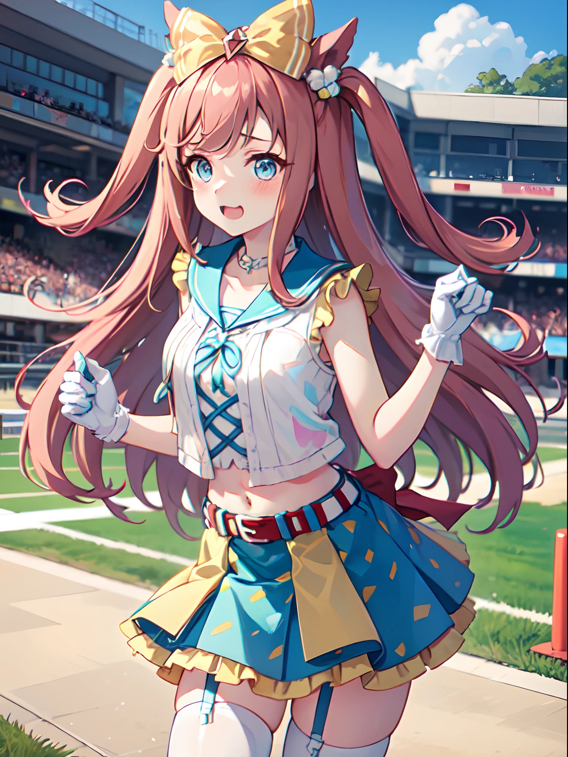 agnes digital \(umamusume\), single thighhighs, sleeveless, single glove, garter straps, white gloves, crop top, frills, sailor collar, multicolored skirt, multicolored clothes, layered skirt, red belt, white shirt, race track