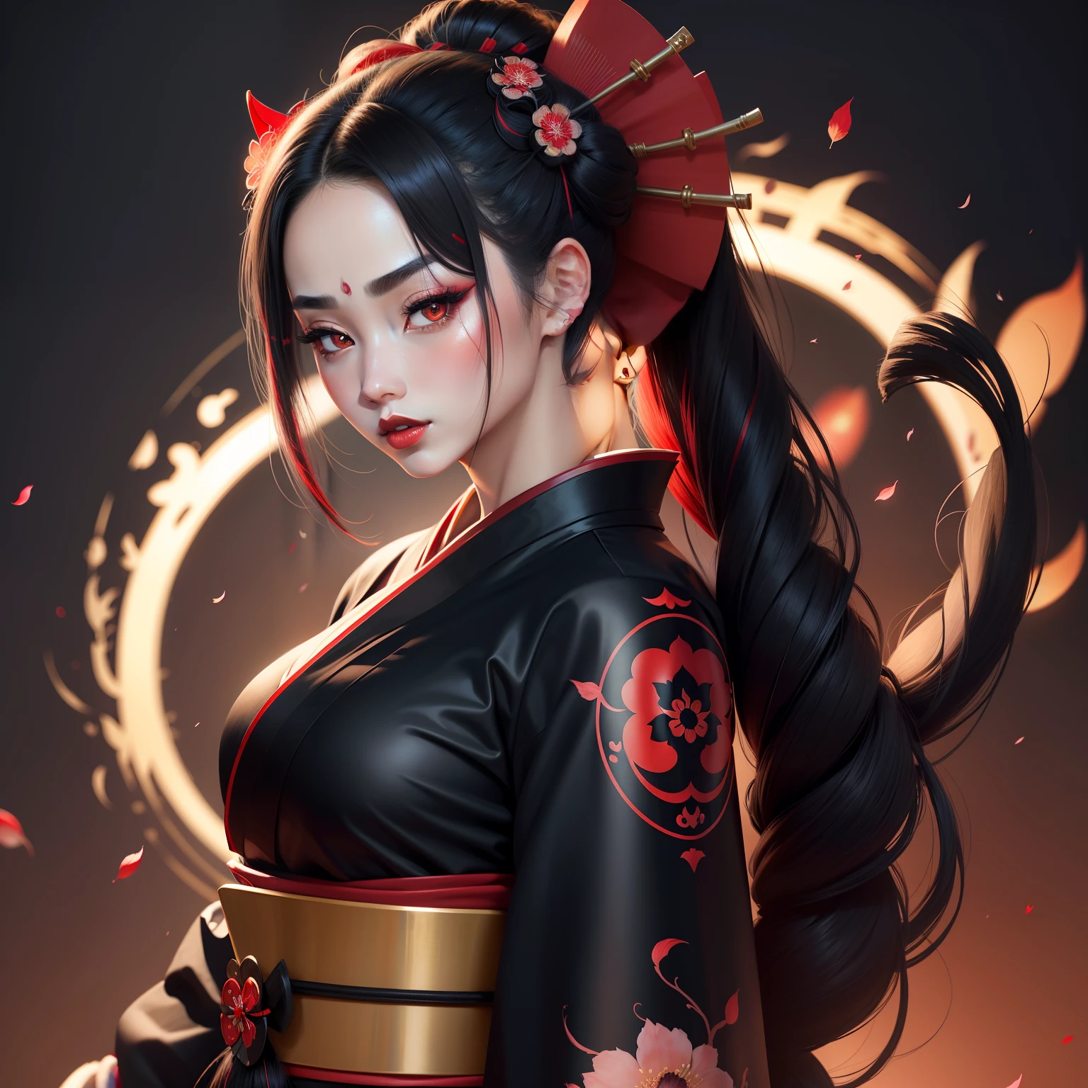 Seductive geisha, wear black kimono, black hair, red moon, dark skin complexion, cherry blossom on hair, 4k, almond eyes, big lip, logo, heart shape face, face fuller, sexy hair tied up, black eyes, dark red lipstick, female samurai warrior, swords, wider nose