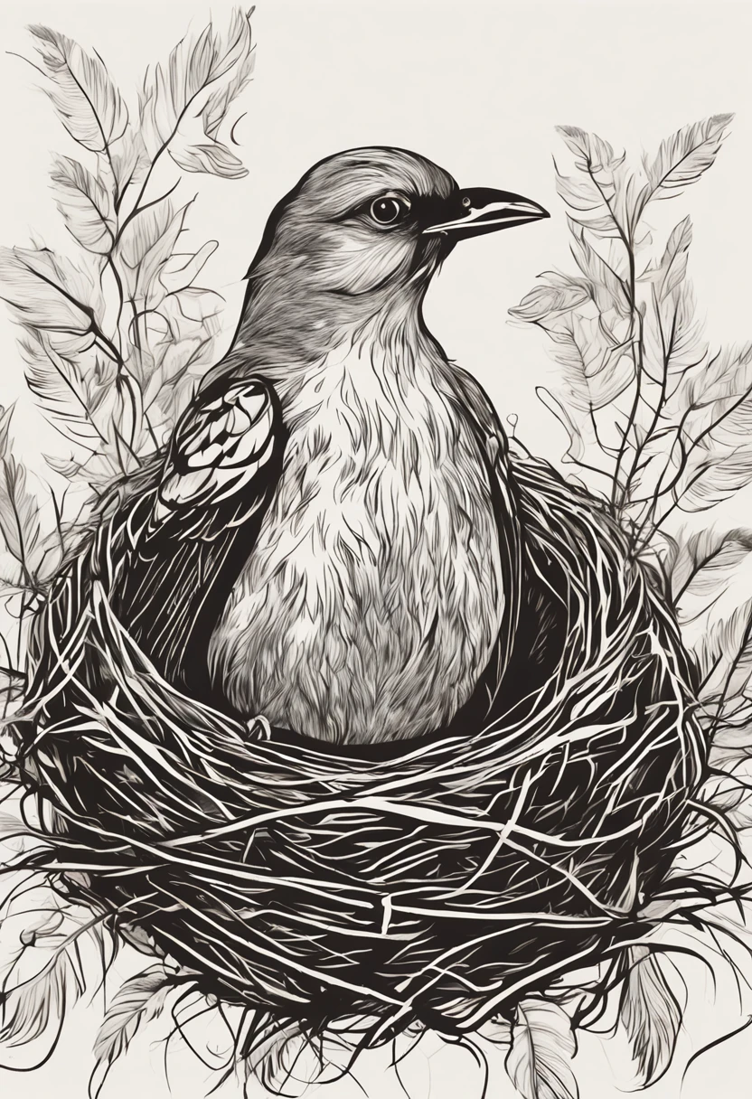 "An artistic closeup logo of a bird in its nest, capturando a riqueza das penas e texturas. Feathers exhibit incredible complexity, com cada detalhe minuciosamente destacado, revealing the delicacy of the fibers and their subtle color variations. The bird is immersed in its environment, no interior acolhedor de sua casa, conveying a sense of security and tranquility. The background is gently blurred, further emphasizing the bird's protagonism and adding a sense of depth to the scene. The artistic brushstrokes give a unique quality to the image, Capturing Not Just Reality, but also the emotion and essence of the moment."