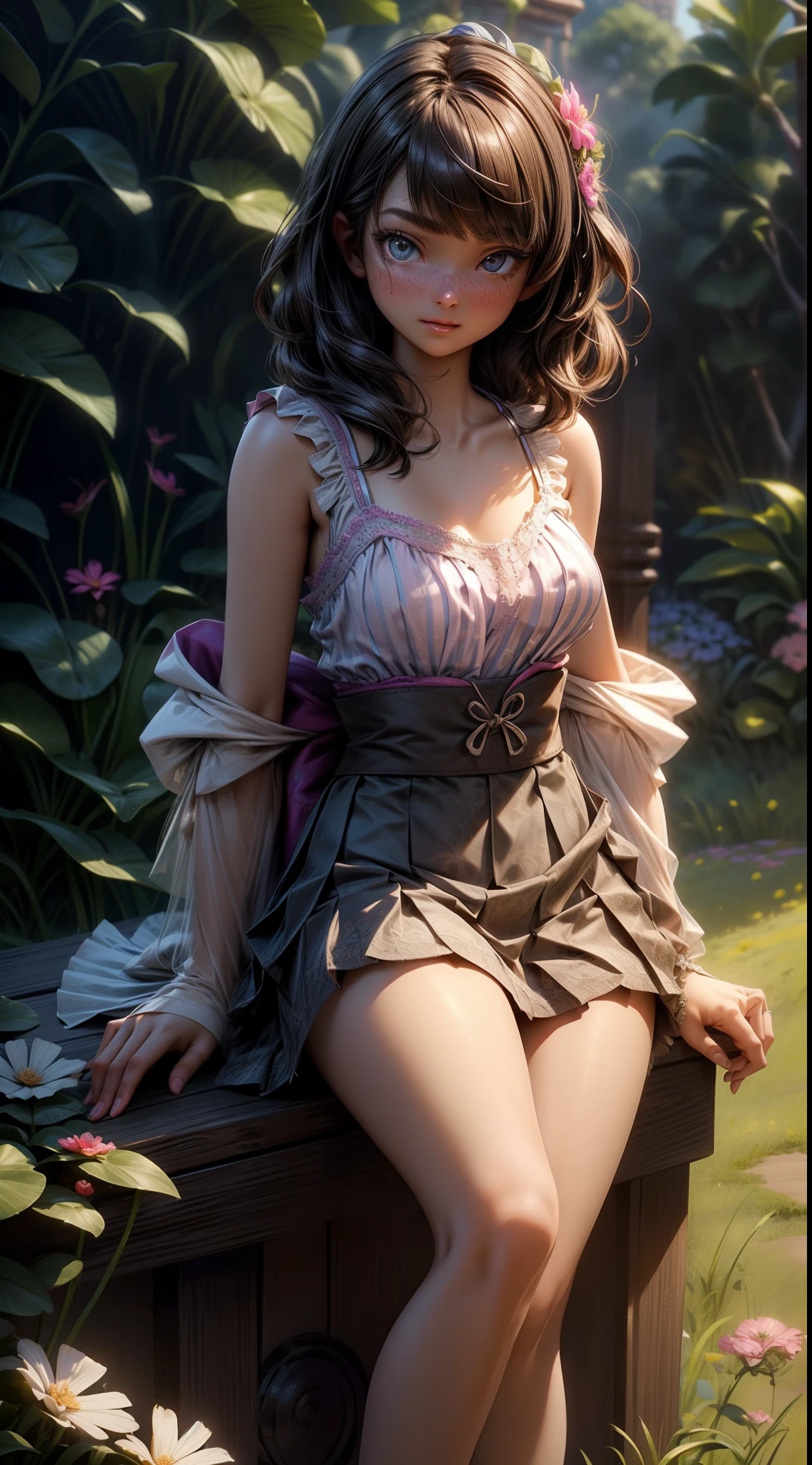 peasant girl, 1girl, perfect and well designed eyes, (beautiful detailed eyes:1.05), natural breasts, slim body, delicate face, fair skin, detailed skin, realistic skin, medium length hair, hair voluminous, super high resolution, 8k, parameters Best quality, (masterpiece:1.4), (magic accessories:1.4), extremely detailed [[[{silk|lycra}:lacy:0.3]:{silk|latex}:0.6]:feather:0.9] ({((pleated skirt)+(shirt:1.2))|(mini night robe, camisole, (kimono:1.1))|(crochet tank crop top, sleeveless bra corset, (bralette:1.2))},{skirt dress|(summer minidress:1.4)|(evening minidress:1.2)|wedding minidress}), neckline, ultra detailed, photorealistic, (best quality:1.4), super high resolution, (Realistic 1.4), More details, (portrait, full body), (((1girl))), (witchcraft:1.1), magic energy flows and sparkles, {(castle, stronghold) city|hills|(vegetation fields with village on background:1.0)}, (beautiful and aesthetic:1.2), (fractal art:1.4), (cinematic light:1.1), 16K, HDR, RTX, Ray Tracing, Radiosity, Anisotropic Filtering, Subsurface Scattering, metallic reflections, vibrant colors