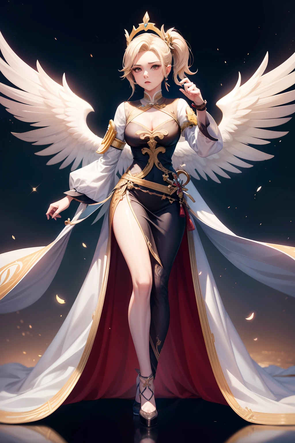 mulher loira, de descendencia inglesa, de roupa estilo oriental preto chines, xianxia de corpo inteiro, asas brancas angelicais, decote, expressao nervosa, peitos grandes, bunda grande, estilo cartoon,njo majestoso de corpo inteiro, tall female angel, design de roupa clara, Mercy do jogo Overwatch (2016), Xianxia de corpo inteiro, imagem de corpo inteiro, Full body there is a woman in a dress with wings on a catwalk, Anjo majestoso de corpo inteiro,