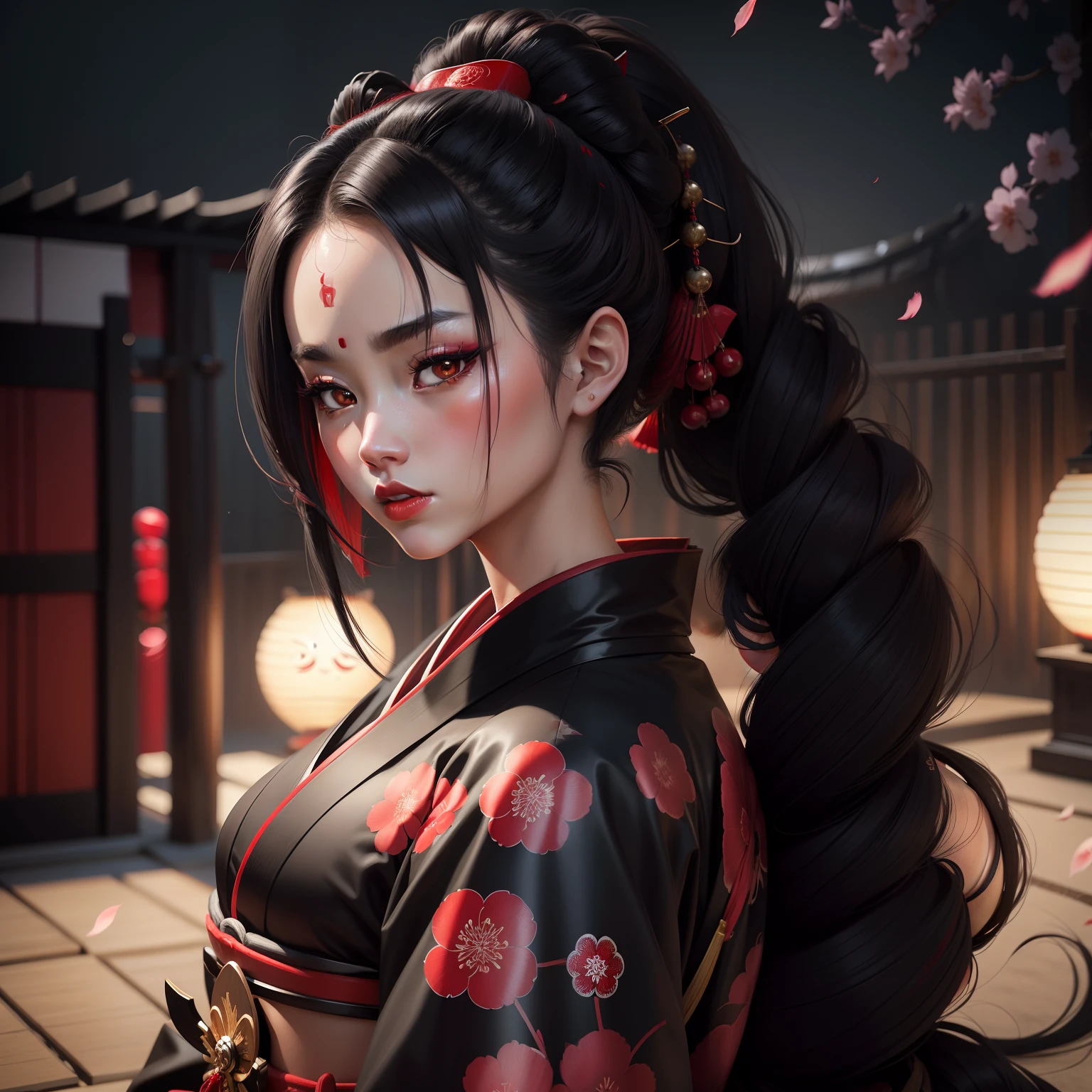 Seductive geisha, wear black kimono, black hair, red moon, dark skin complexion, cherry blossom on hair, 4k, almond eyes, big lip, logo, heart shape face, face fuller, sexy hair tied up, black eyes, dark red lipstick, female samurai warrior, swords, face shots, head shots