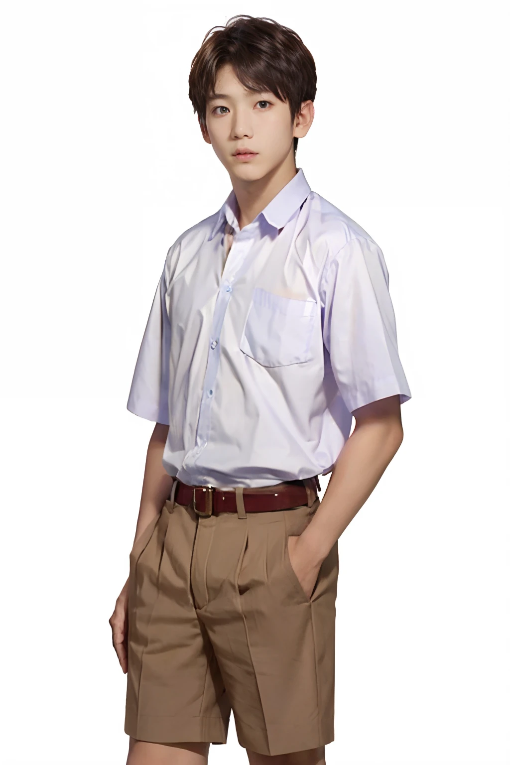 Adolescente bonito Hidenori Goto cabelo curto masculino ,1st grade, ,MATHAYOMKHAKI WHITE SHIRT SHORT BROWN PANTS