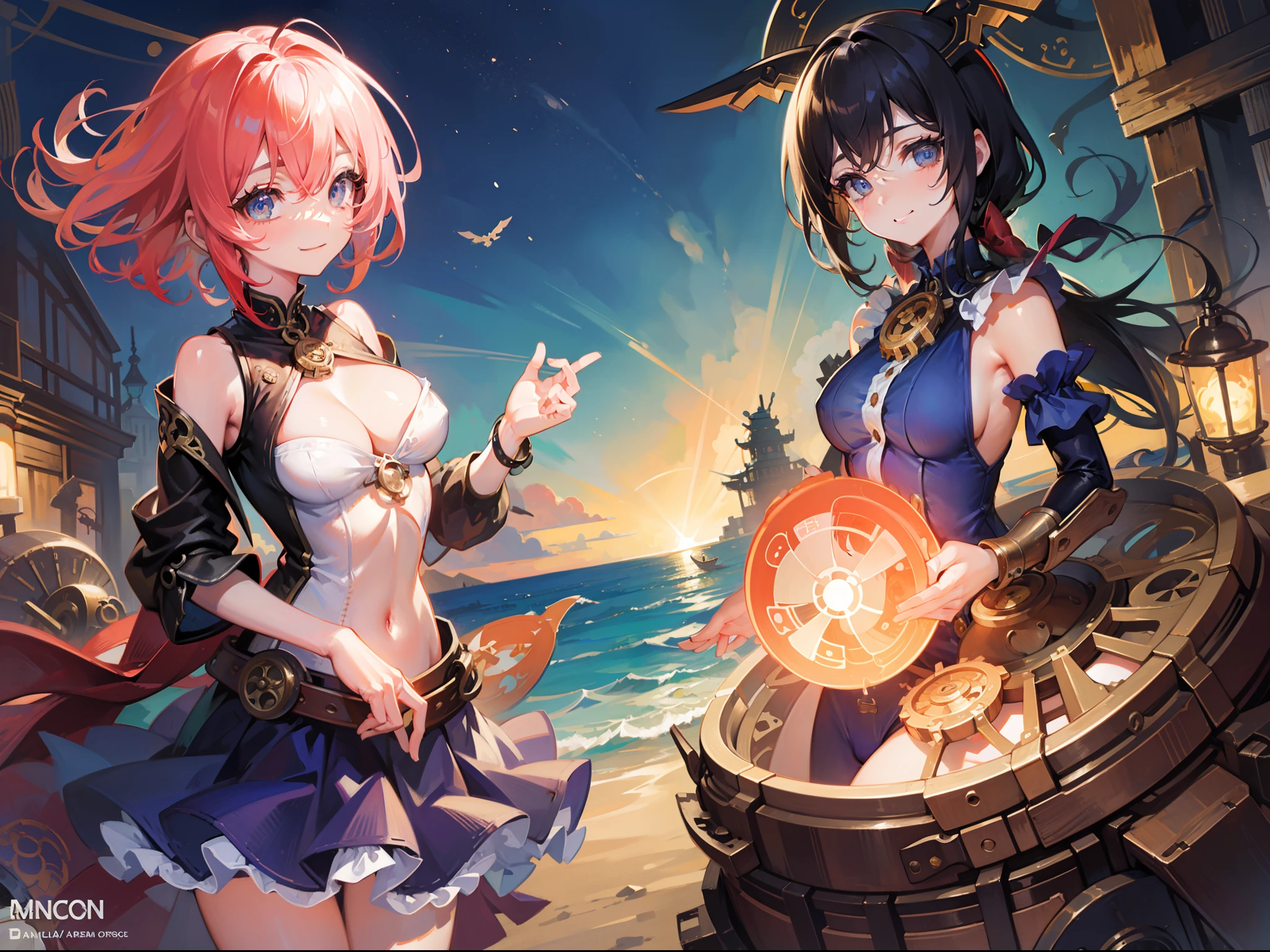 the beach、steampunc、gear wheel, Clocks and plumbing、夏天、Beautiful woman、Steampunk colorful swimsuit、Midday Sun、steams、Large space、high sky、​​clouds、intricate illustrations、Overwhelming drawing、Smooth depiction、Countless gear and watch decorations、Sheer sunlight、Beautiful eyes drawn down to the smallest detail、perfectly proportions、Balance of the whole body、A smile、zoomout、ink drops、