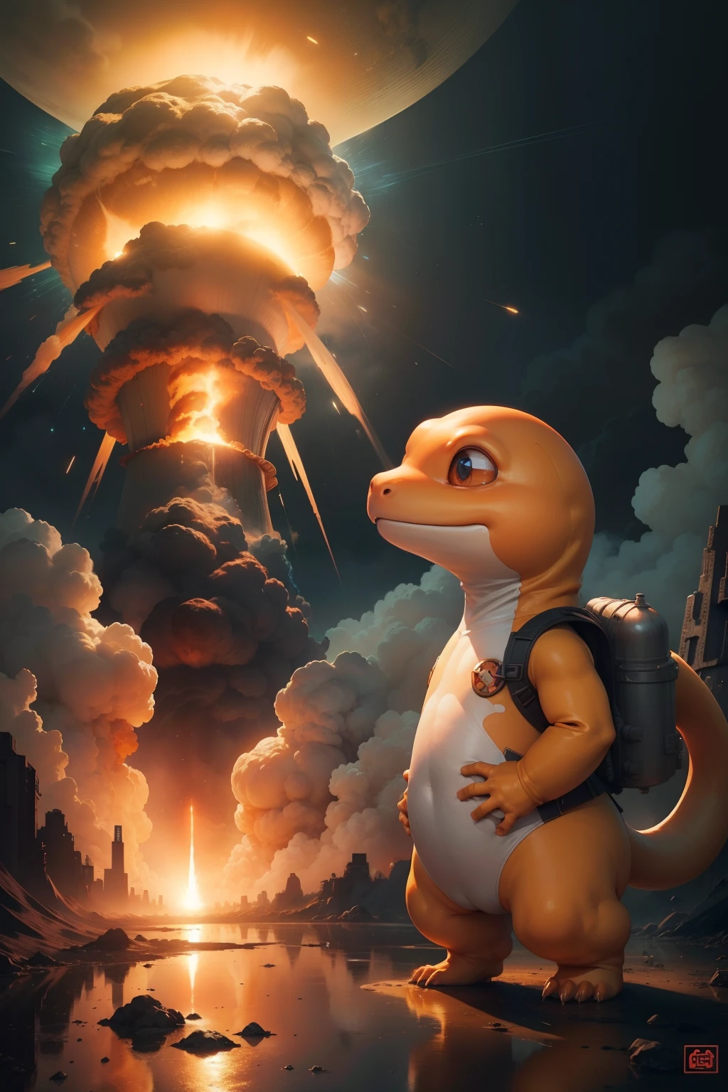 master part,best quality, illustration, Charmander vestindo traje espacial,Belo brilho detalhado,(Chamas de guerra:1.2),(nuclear explosion hides:1.3),chuva,Detailed lighting,detailed water,(belos olhos detalhados:1.1),no expression,