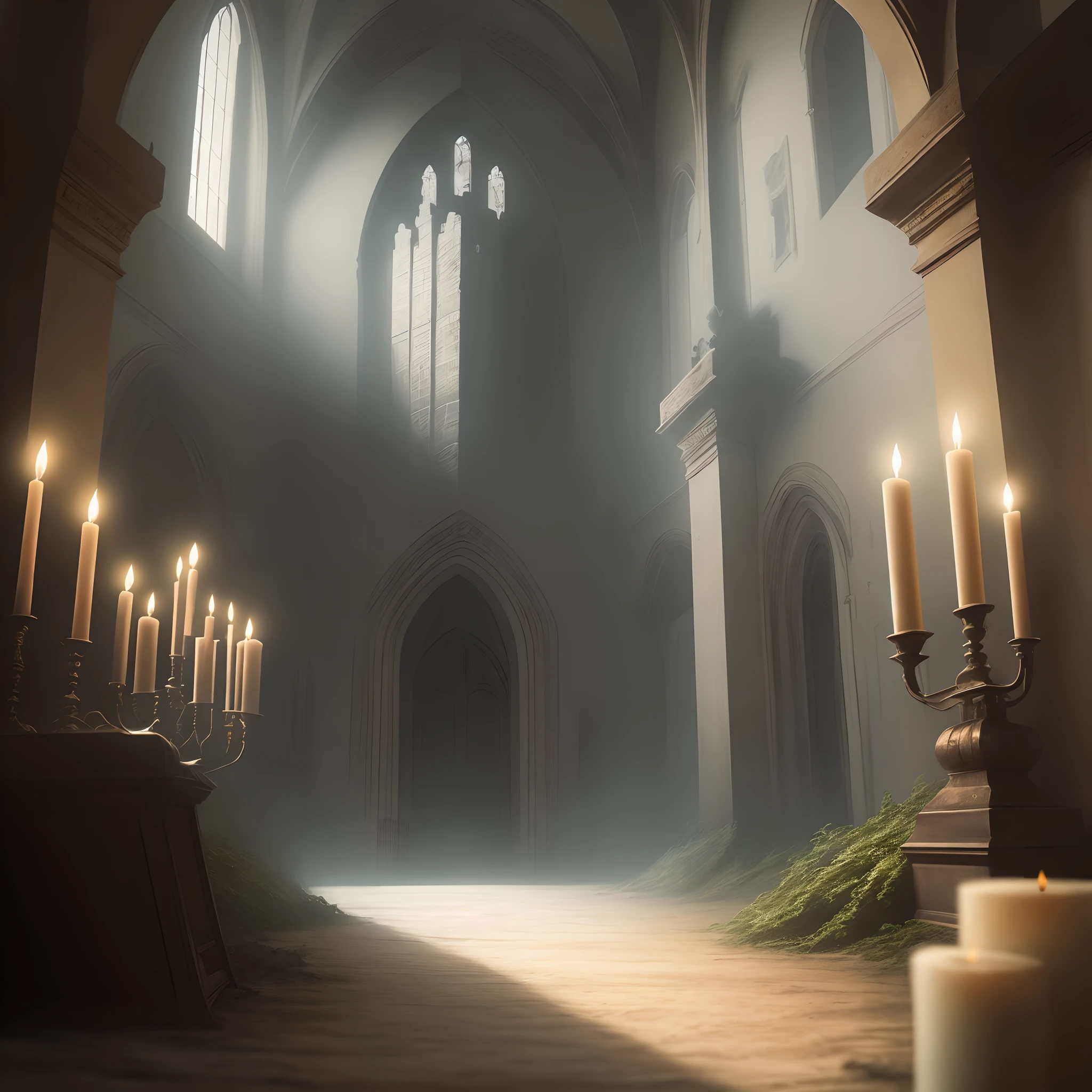 Interior of a gray castle,Long landscape view,The main scene in the middle is a dusty witch's throne,It is surrounded by cobwebs,The surrounding walls are lined with dim white candles,The whole atmosphere is eerie and calm,Pictures should be realistic,There are also many witch medicine props around,It's all covered in dust,The whole interior is gray,Ordinary lighting,There is a feeling of a scene drawing of a movie stills