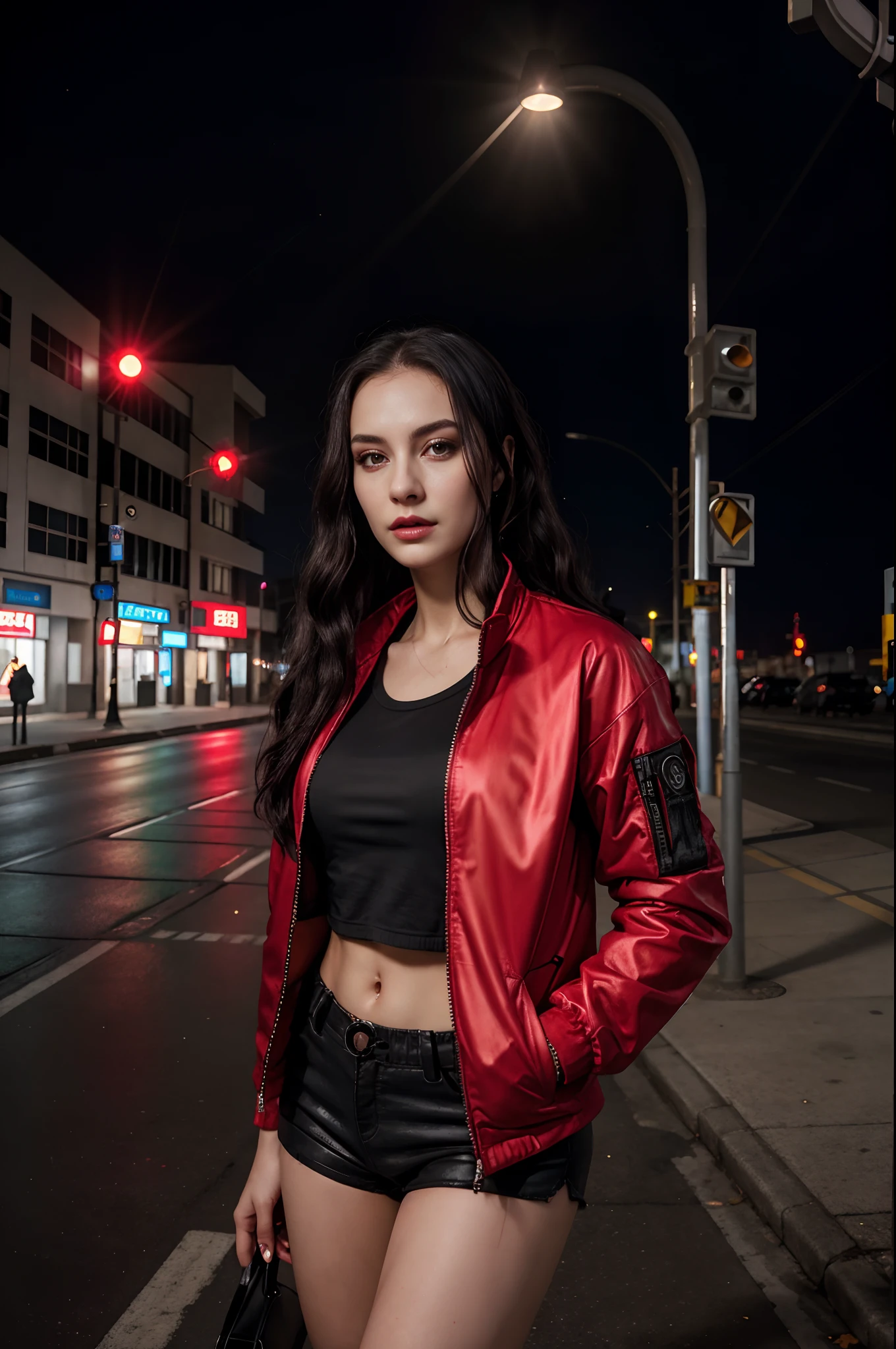 Portrait Hyper Realistic Photograph of a woman in a red jacket and black shorts standing next to a street light, wearing cyberpunk jacket, beautiful face, 64k, masterpiece, ULTRAHD