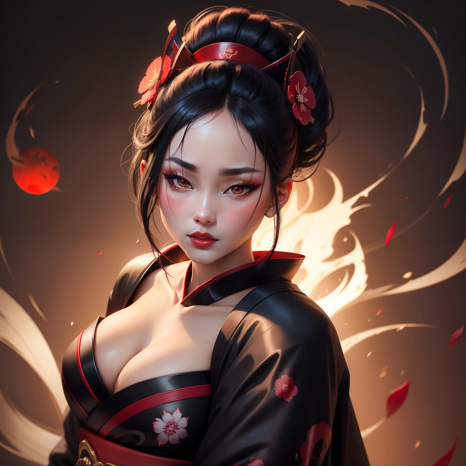 Seductive geisha, wear black kimono, black hair, red moon, dark skin complexion, cherry blossom on hair, 4k, almond eyes, big lip, logo, heart shape face, face fuller, sexy hair tied up, black eyes, dark red lipstick, female samurai warrior, swords, face shots, head shots
