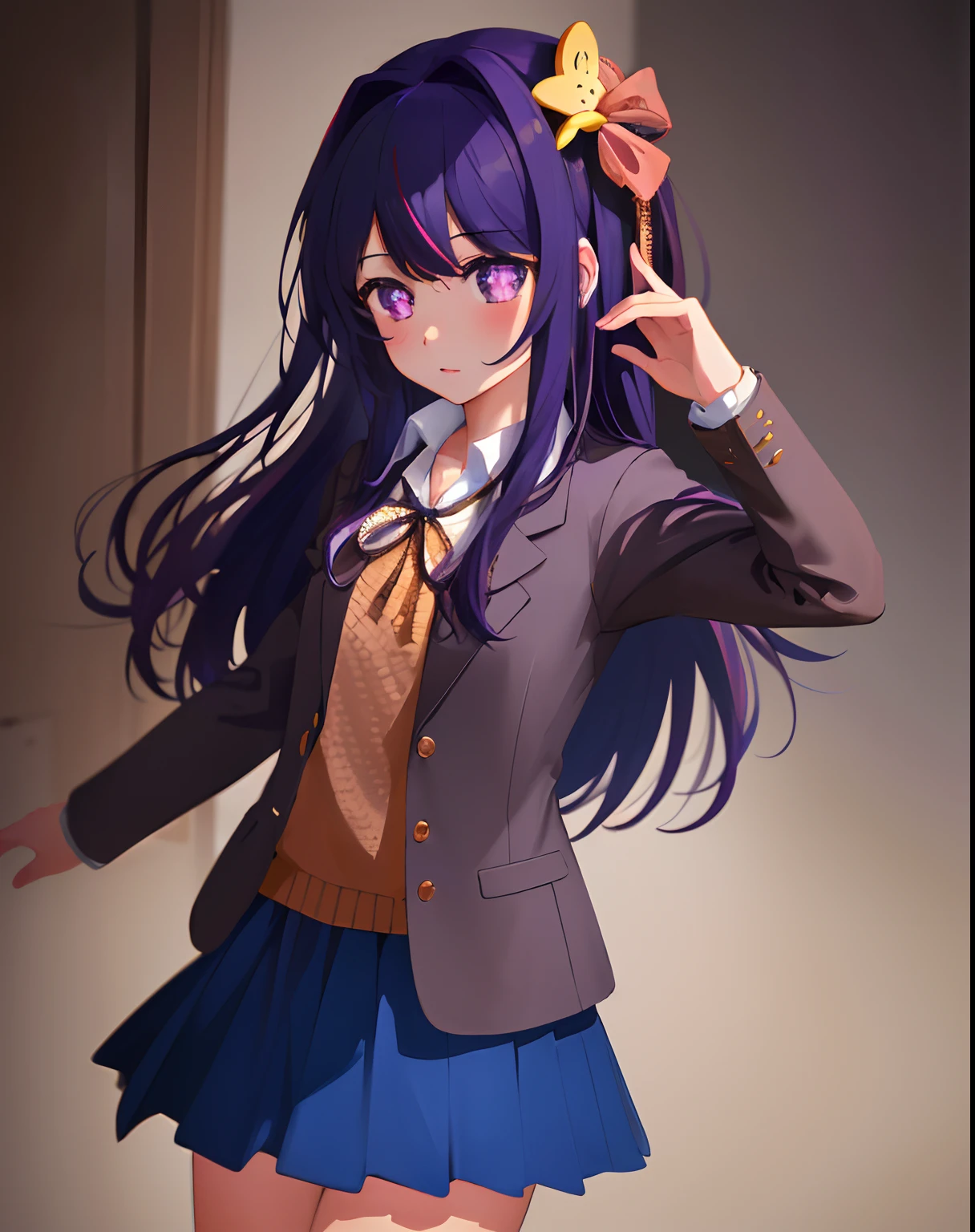 1girl, full body, cowboy shot,
(Rembrandt), illustration, (masterpiece), (best quality), (ultra_detailed), finely detail, (Depth of field), Hoshino Ai, long hair, purple hair, streaked hair ,purple eyes, star-shaped pupils, hair ornament, blazer, brown sweater, collared shirt, neck ribbon, blue skirt