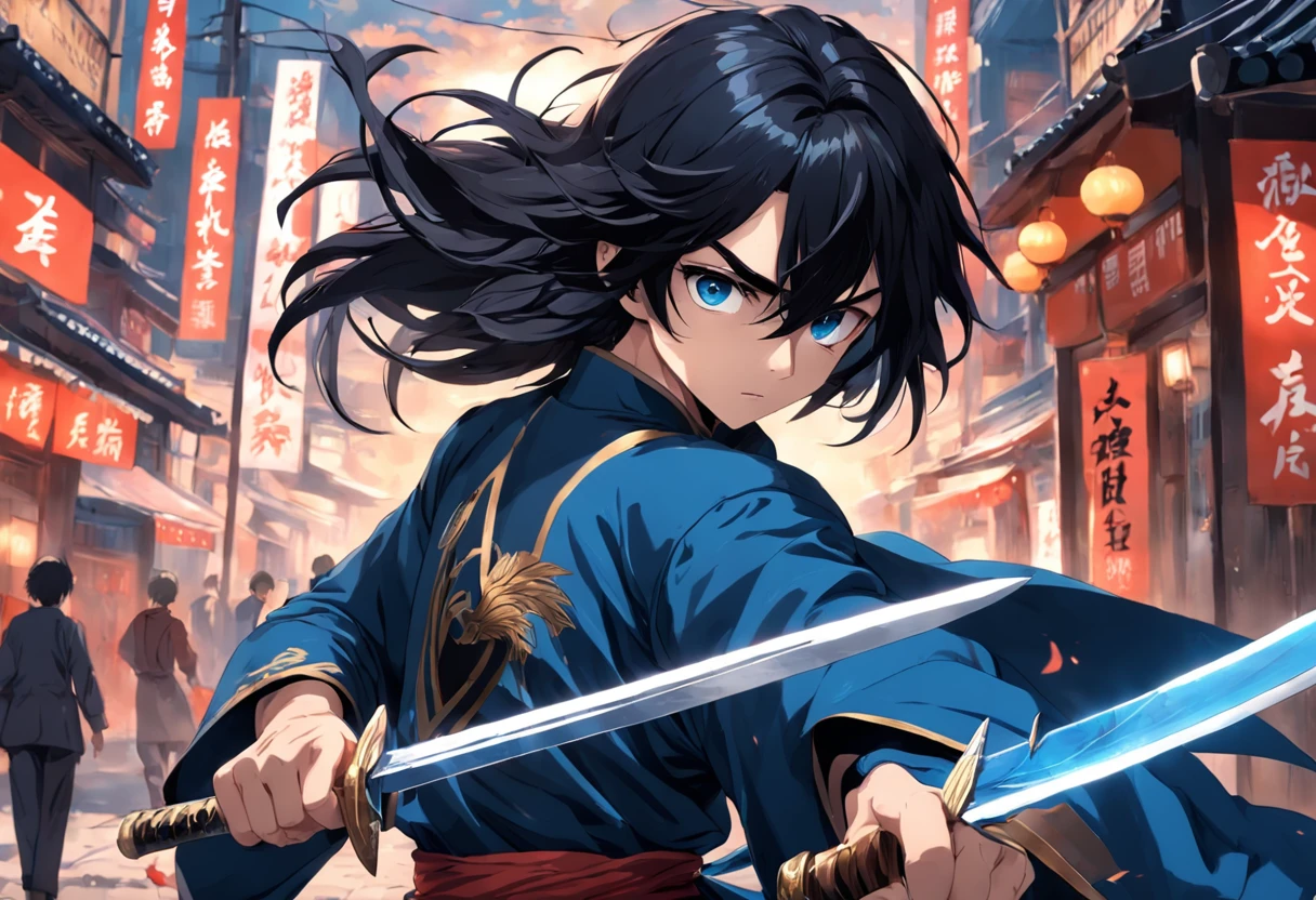 Composition with a sense of speed、Combat stance、Dark-haired young man、Soaring black hair、Blue national costume、Brandishing a dagger、