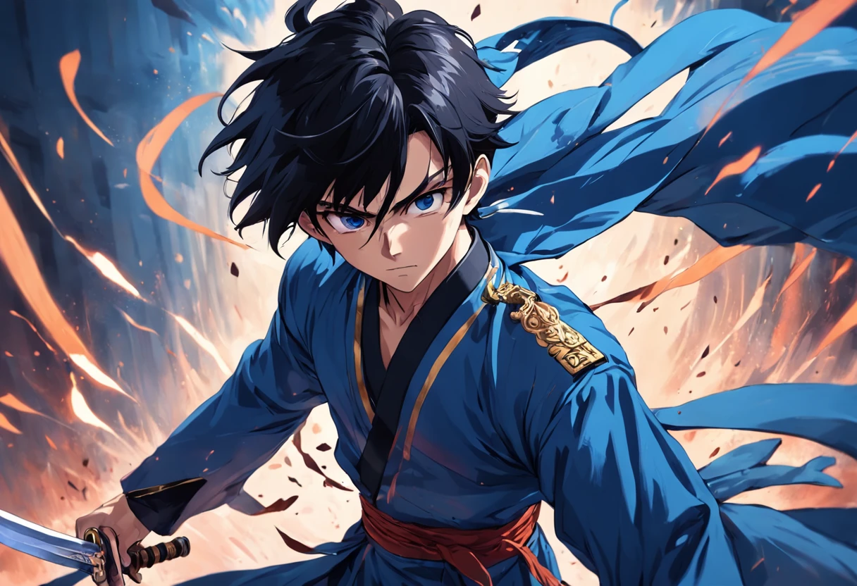 Composition with a sense of speed、Combat stance、Dark-haired young man、Soaring black hair、Blue national costume、Brandishing a dagger、