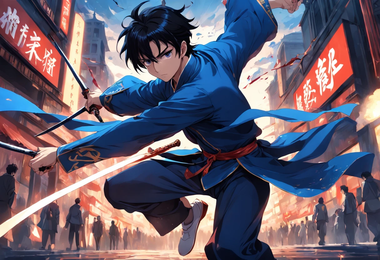 Composition with a sense of speed、Combat stance、Dark-haired young man、Soaring black hair、Blue national costume、Brandishing a dagger、