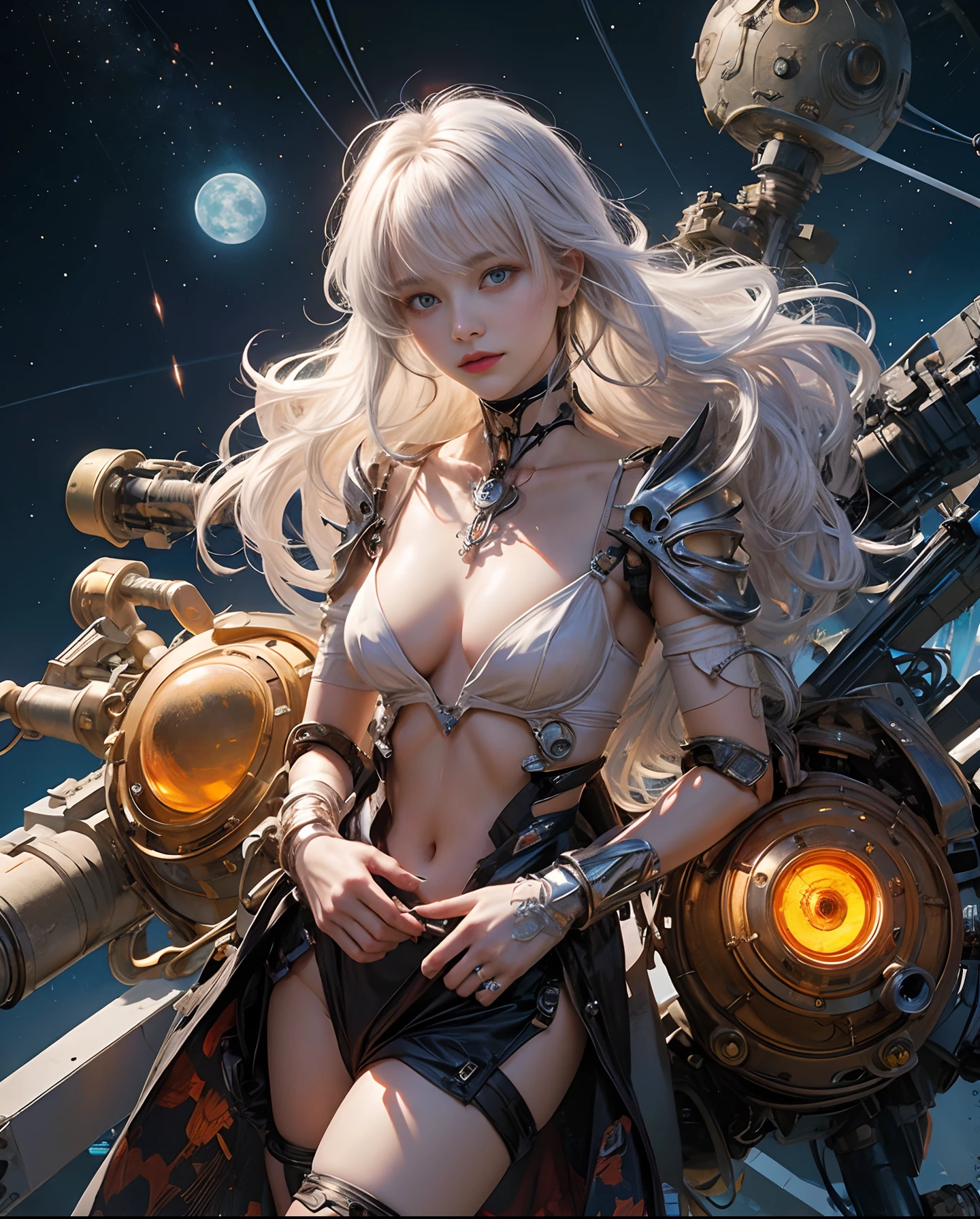 white hair、long fluttering hair、strong breeze、Orange Eyes、radiant eyes、Evangelion Girl、small tit、Breasts are small and B size、The face and chest are alive、Cleavage is visible。photoRealstic、portfolio、Evangelion-style metal mecha suit、an oppai cyberpunk、Gothloli details、metalic、detailed mechanical components、Bundle of thin tubes、Metal cylinder、Detailed neon、Fine LED、Fine parts highest quality、(Zentangle、a Mandala、Tangles、Entanglement)、