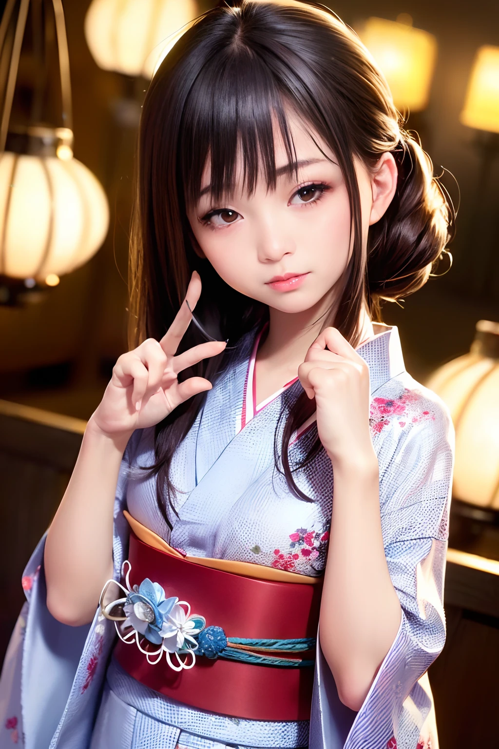 Upper body from the waist up、Are sleeping、nap、（Sleeping with your eyes closed）、(４In K、​masterpiece、hight resolution、Realistic and beautiful light and shadow、One girl、Solo Focus、(top-quality)、(Hi-Res)、(extremely delicate and beautiful)、(Beautiful 8k face)、(Brown-eyed)、(I close my eyes while smiling.)、(独奏)、(Clear skin)、(Soft hair)、(hugetits)、(Plaid kimono, Red and blue floral yukata)、((Awa Odori Pose))、((Bokeh lantern light night background))、((speedo))、(reality)、thin and small nose、（red lipsticks）、（Reddening cheeks）、poneyTail、（Lustrous skin）、((Ukiyo-e style))、Ultra-thin eyebrows、Ultra high image quality、（Wearing maiko-style makeup）、skin whitening、long and beautiful lashes、Turning around in the style of a Kyoto magazine model、((s asleep))、Lustrous skin、（Red-dyed cheeks）