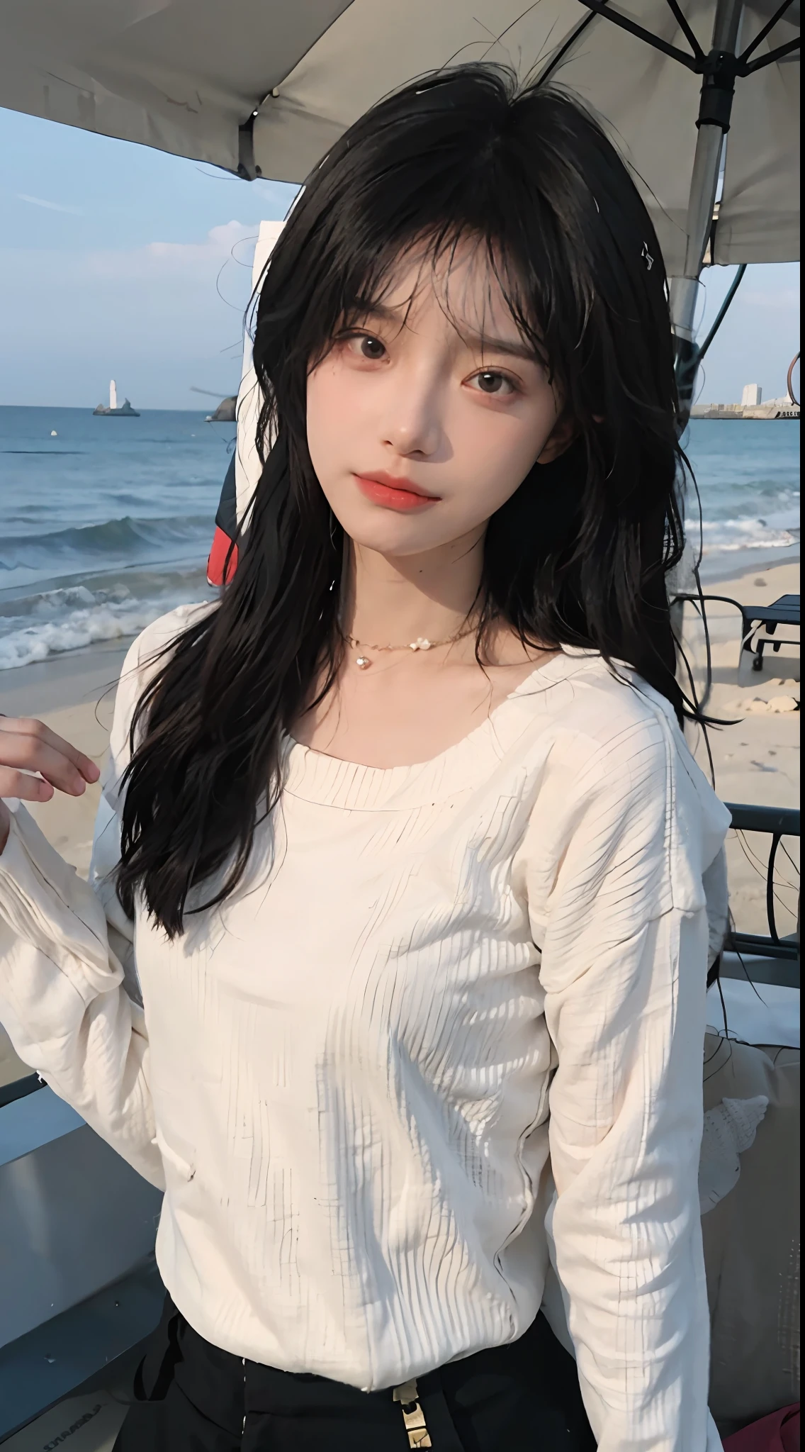 best qualtiy, Ultra-high resolution, (realisticlying:1.4),cute hairpin,1girll,with long coiled hair,Quartered sweater ,Blushlush,Beautiful woman with a slim figure:1.4, Pronounced abs,On the sandy beach,Ultra-fine face,Elaborate Eyes,double eyelid,choker necklace