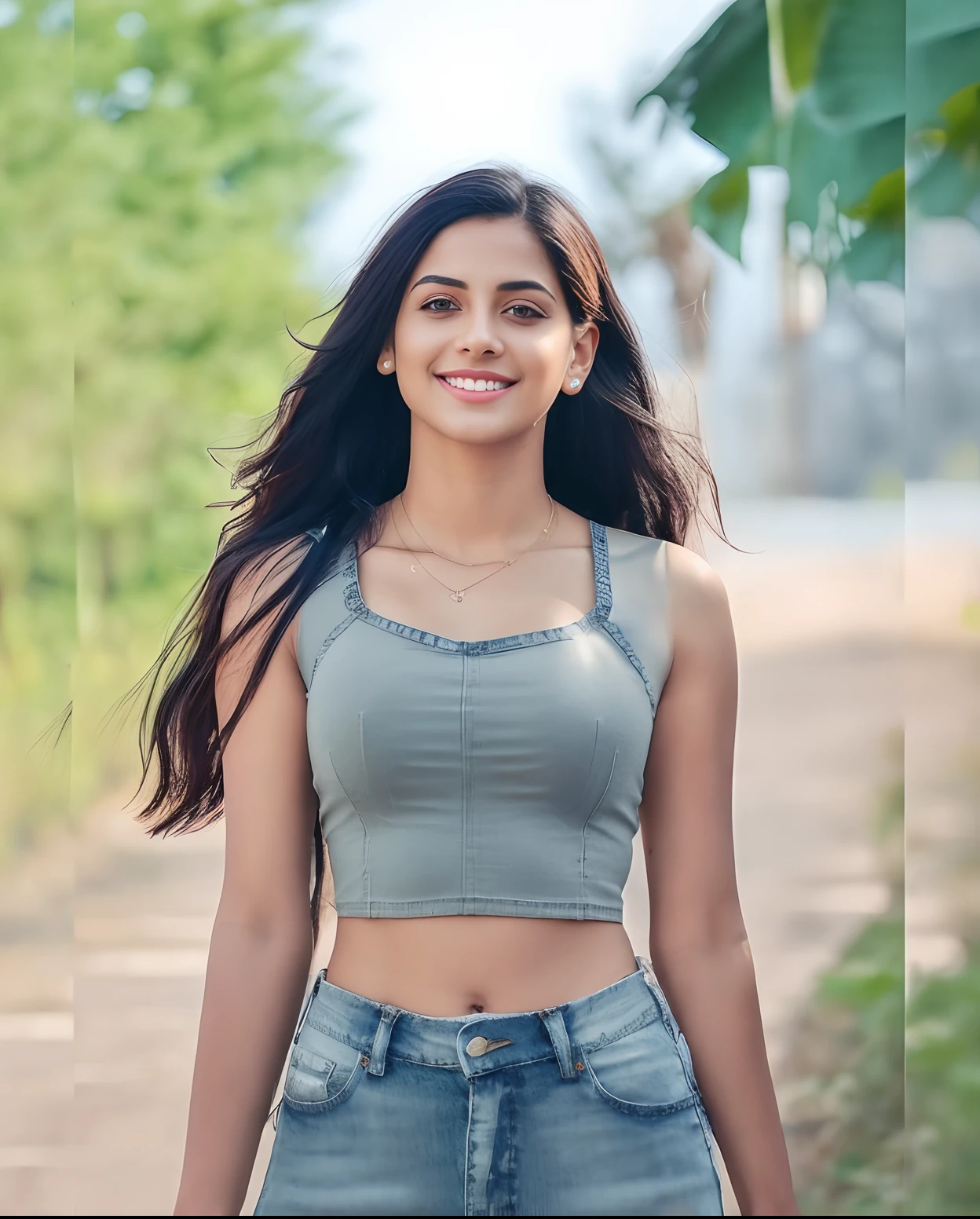 a close up of a woman in a crop top and jeans, wearing a cute top, wearing crop top, indian, photo of slim girl model, cute beautiful, beautiful and smiling, flat chested, wearing a sexy cropped top, young and cute girl, crop top, photo of slim girl, lovely smile, with lovely look, beautiful model, photo of a model