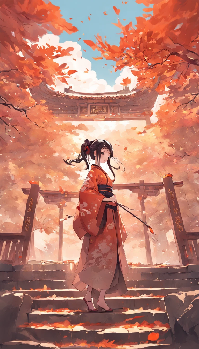 Traditional Chinese style graphic illustration,Song dynasty style,Autumn cloudscape,Traditional Chinese ancient architecture,Traditional ancient Chinese costumes,Traditional ancient Chinese hairstyle。ultra-wide-angle,Epic,Works of masters,Numerous awards。