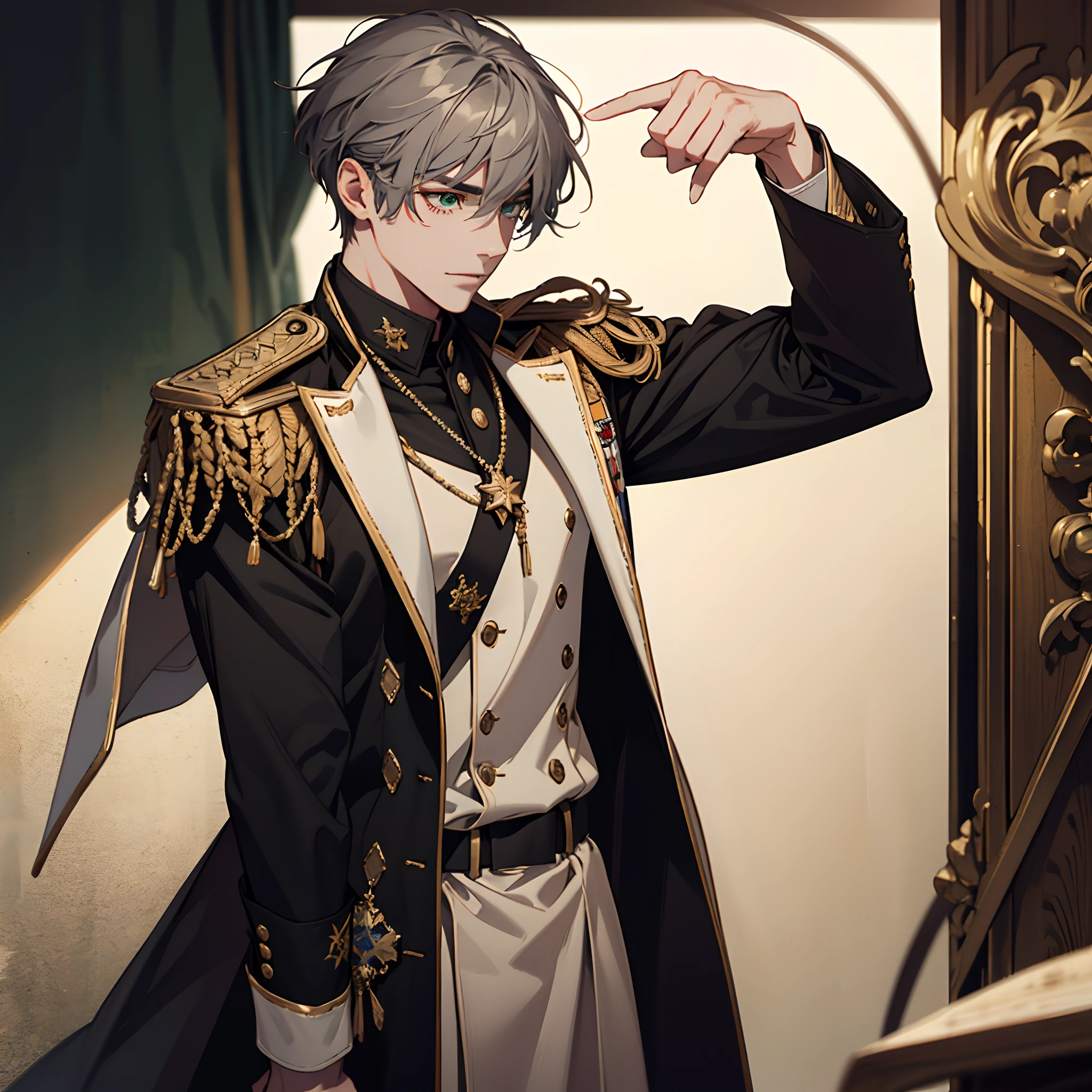 mlae,man,Drooping tail of eyes,Mature male,army suit,Suiband,Dark gray hair,green-eyed,medal,Fringed epaulettes,Sagging eyes,Deep eyebrows,ellegance,mistic,Abstinence,Majesty,military officer,Ease,OilPaintStyle,Sense of heaviness,Meticulous short hair,Low brightness,Black background,It's not a smile