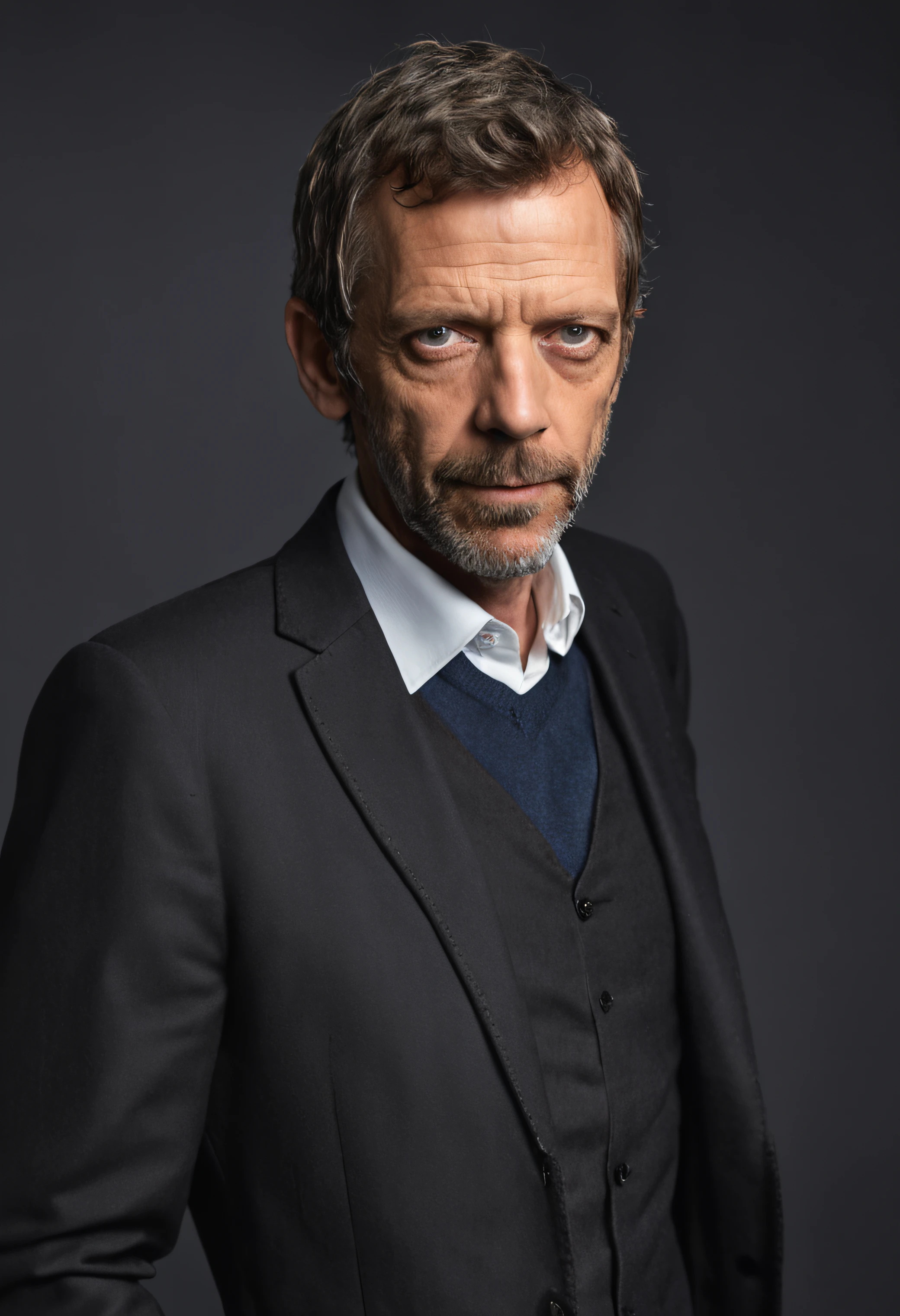 um homem, master part, extremamente detalhado, melhor qualidade, Com trajes terno preto, extremamente detalhado, como Dr. Gregory House. (8k, qualidade superior, melhor qualidade, obra-prima, altamente detalhado: 1.2), (de meio corpo:1.3)