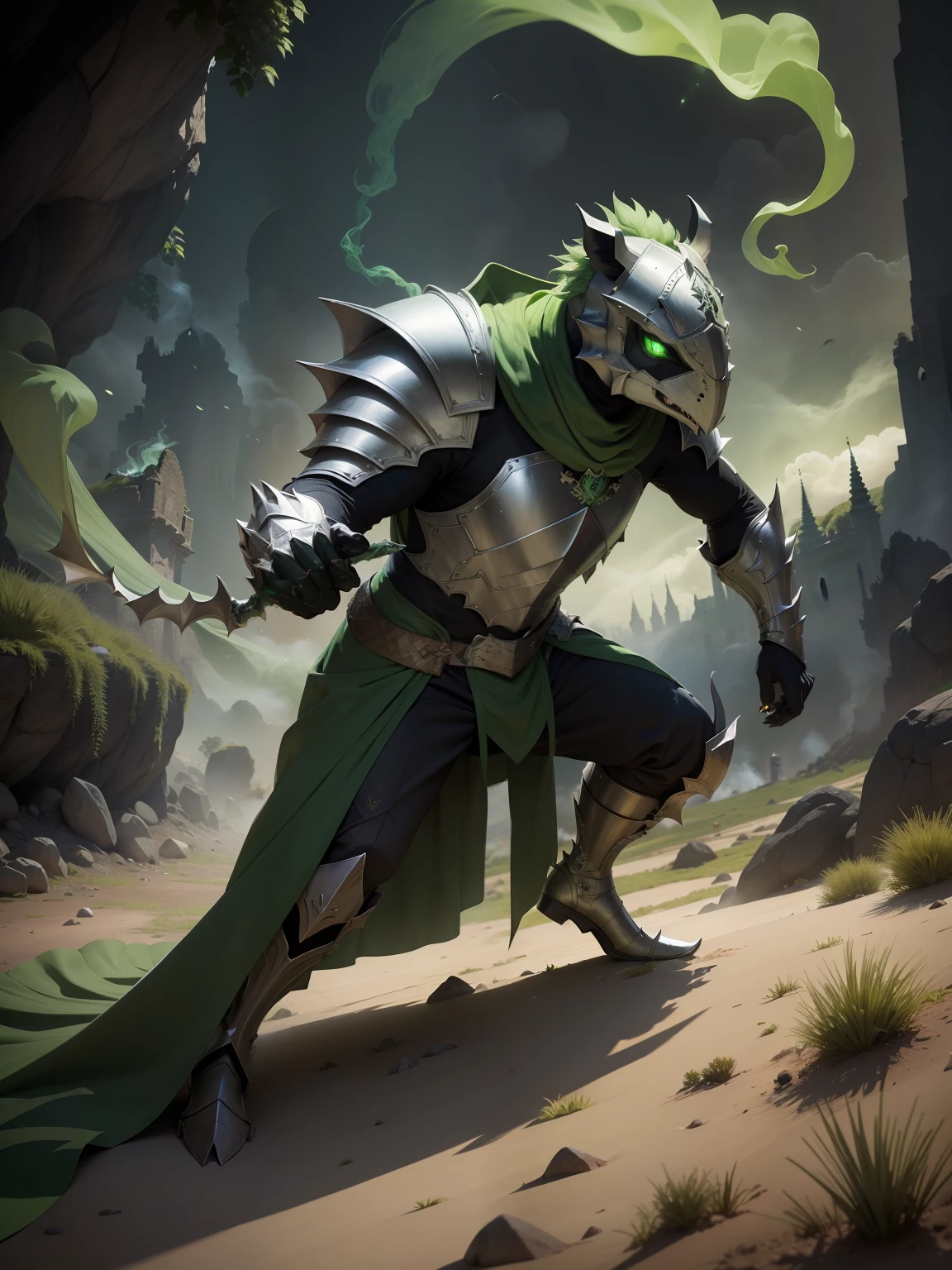 armadura dourada, Lagarto, escudo, castelo, veneno, smoke billowing, veneno verde, green smoke, Vapor verde, place covered with green smoke, veneno verde, green acid, gosma verde, action pose, demonio, armas