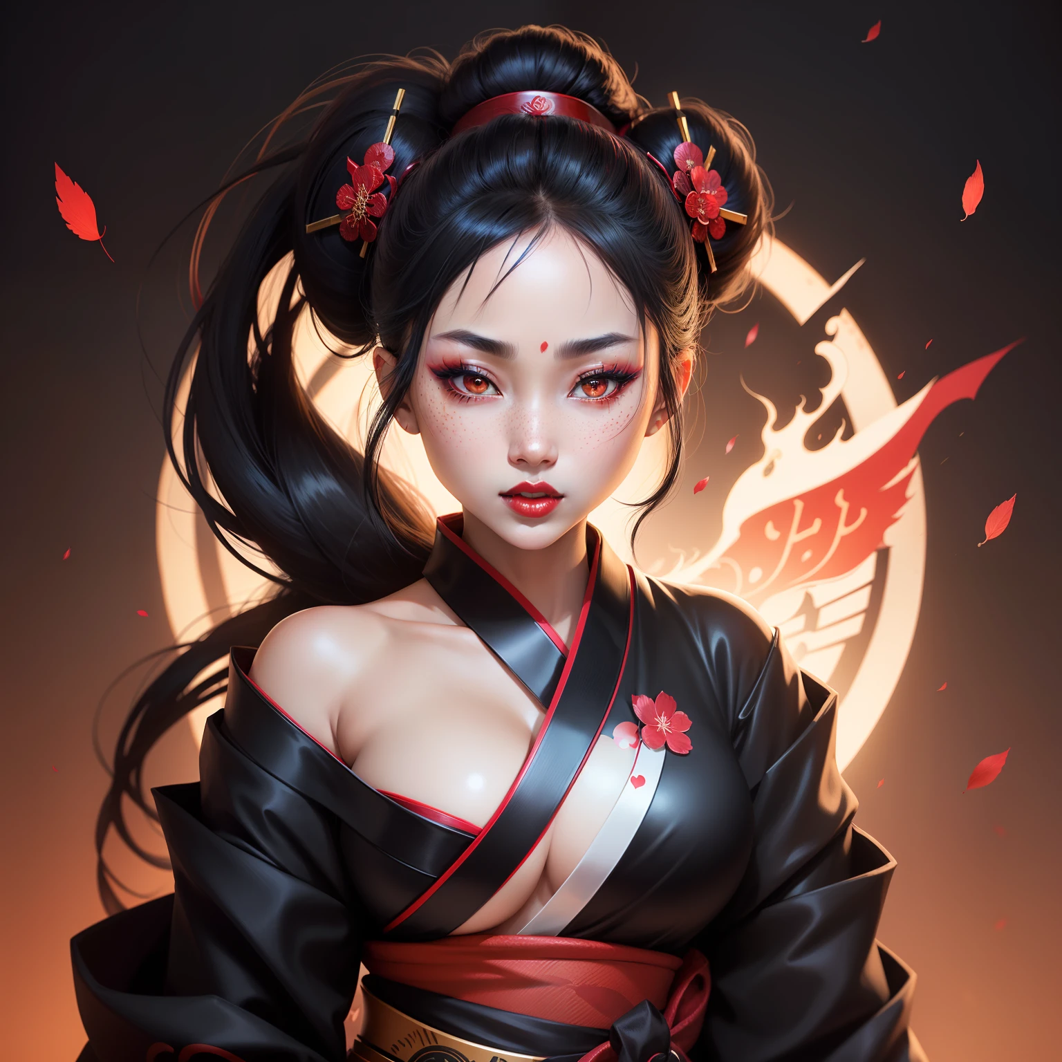 Seductive geisha, wear black kimono, black hair, red moon, dark skin complexion, cherry blossom on hair, 4k, almond eyes, big lip, logo, heart shape face, face fuller, sexy hair tied up, black eyes, dark red lipstick, female samurai warrior, swords, face shots, head shots, freckles on the face