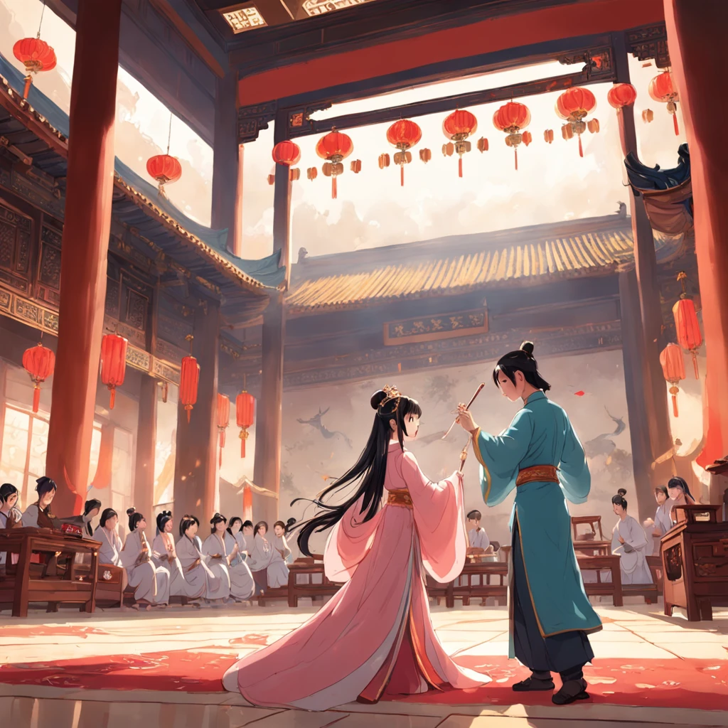 Beautiful princess and handsome colt in ancient China，Dance in the hall。The hall is resplendent，The background is a lot of princes and nobles，They stood there and admired them dancing。There are also musicians playing the flute，Play the guzheng。