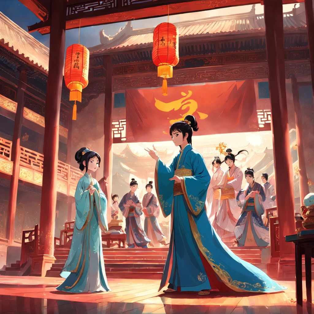 Beautiful princess and handsome colt in ancient China,Dance in the hall。The hall is resplendent,The background is a lot of princes and nobles,They stood there and admired them dancing。There are also musicians playing the flute,Play the guzheng。