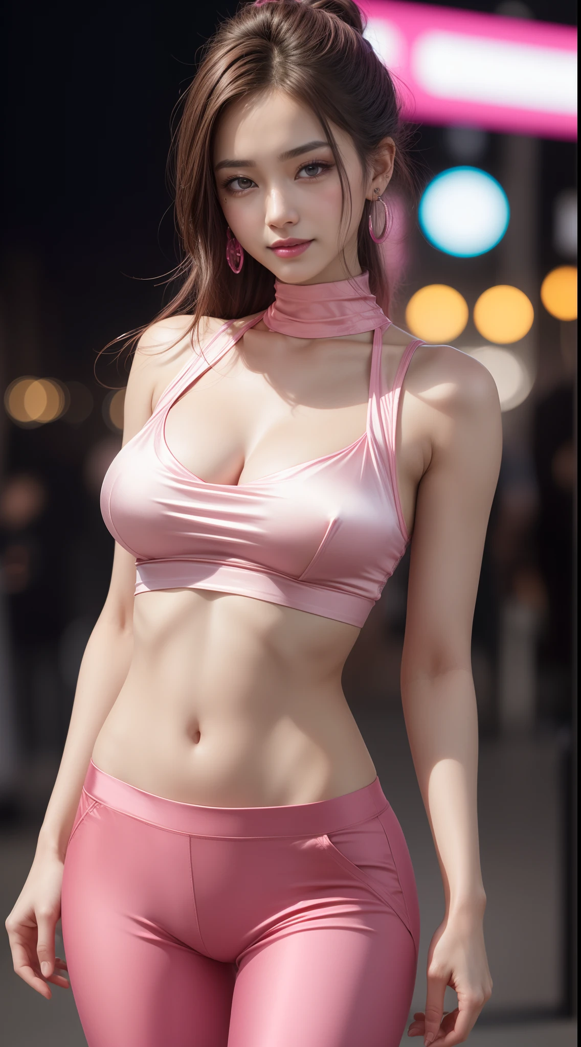 8k, masterpiece, RAW photo, best quality, photorealistic, extremely detailed CG unity 8k wallpaper, Depth of field, Cinematic Light, Lens Flare, Ray tracing, (extremely beautiful face, beautiful lips, beautiful eyes), intricate detail face, ((ultra detailed skin)) 1girl, in the dark, deep shadow, pretty korean girl, kpop idol, 1 girl, (very slim slender fit-muscled body:1.3), ((looking at viewer)),(big smile:1.3), (tight laced blouse), (hot pink color blouse), (sleeveless) , (fashion city night, dark night, (neon sign), (blurred background), fashion street night),(without people in the background:1.3), beautiful earrings, bracelets, necklace, pantyhose, clear eyes, (pale skin), (big eyes), face forward, ((upper body shot)), ((silk hot pink color pants:1.3)),(brown hairs),((tight fitting silk pants)), (looking at viewer:1.3) open breast, very slim, medium breasts, see through, transparent pants, pony tail, updo hair, ((camel toe))