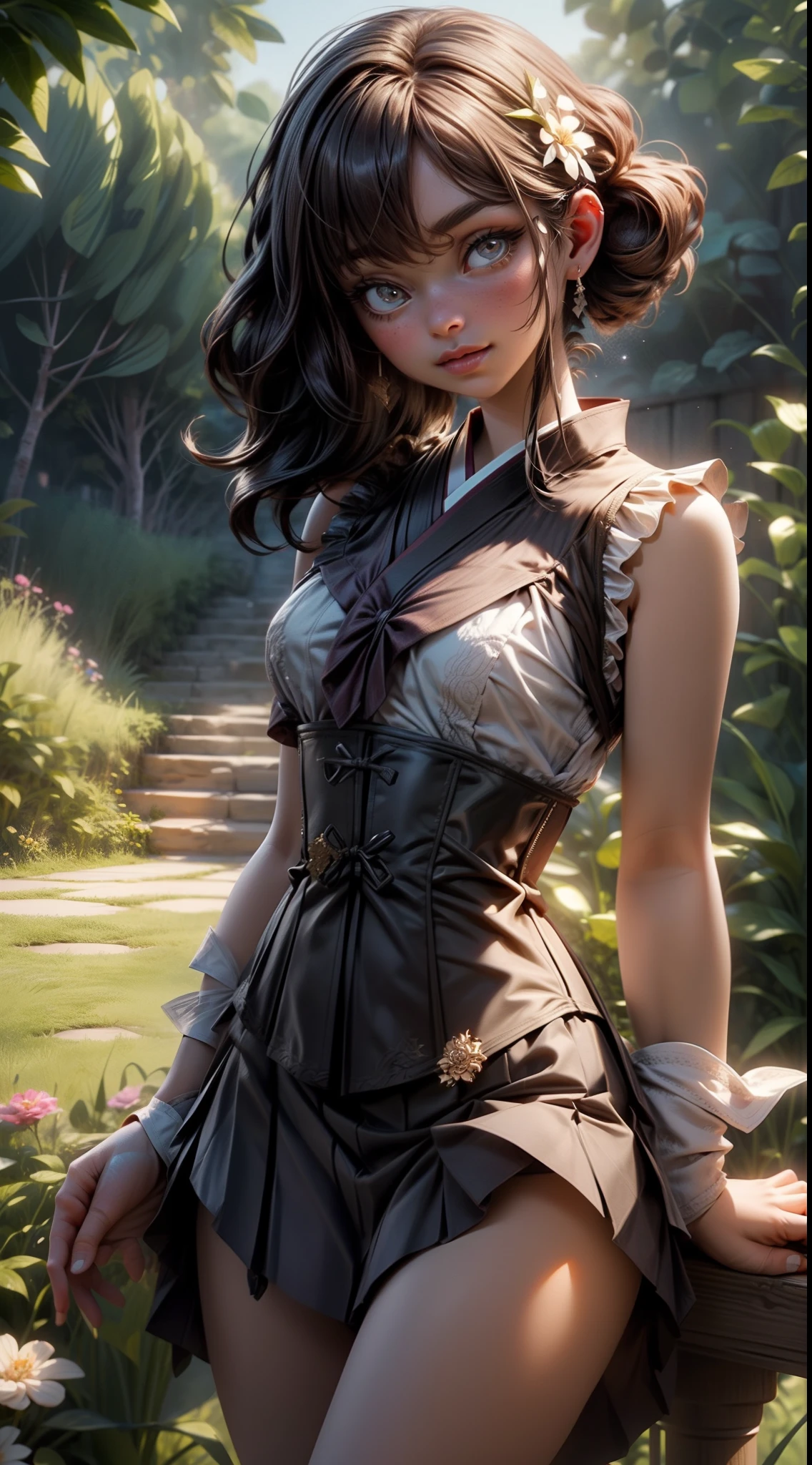 peasant girl, 1girl, perfect and well designed eyes, (beautiful detailed eyes:1.05), natural breasts, slim body, delicate face, fair skin, detailed skin, realistic skin, medium length hair, hair voluminous, super high resolution, 8k, parameters Best quality, (masterpiece:1.4), (magic accessories:1.4), extremely detailed [[[{silk|lycra}:lacy:0.1]:{silk|latex}:0.25]:feather:0.6] ({((pleated skirt)+(shirt:1.3))|((mini night robe:1.3), camisole, (kimono:1.1))|(crochet tank crop top, (sleeveless bra corset:1.3), bralette)},{skirt dress|(summer minidress:1.5)|(evening minidress:1.3)|(wedding minidress:1.1)}), neckline, ultra detailed, photorealistic, (best quality:1.4), super high resolution, (Realistic 1.4), More details, (portrait, full body), (((1girl))), (witchcraft:1.1), magic energy flows and sparkles, {(castle, stronghold) city|hills|(vegetation fields with village on background:1.0)}, (beautiful and aesthetic:1.2), (fractal art:1.4), (cinematic light:1.1), 16K, HDR, RTX, Ray Tracing, Radiosity, Anisotropic Filtering, Subsurface Scattering, metallic reflections, vibrant colors