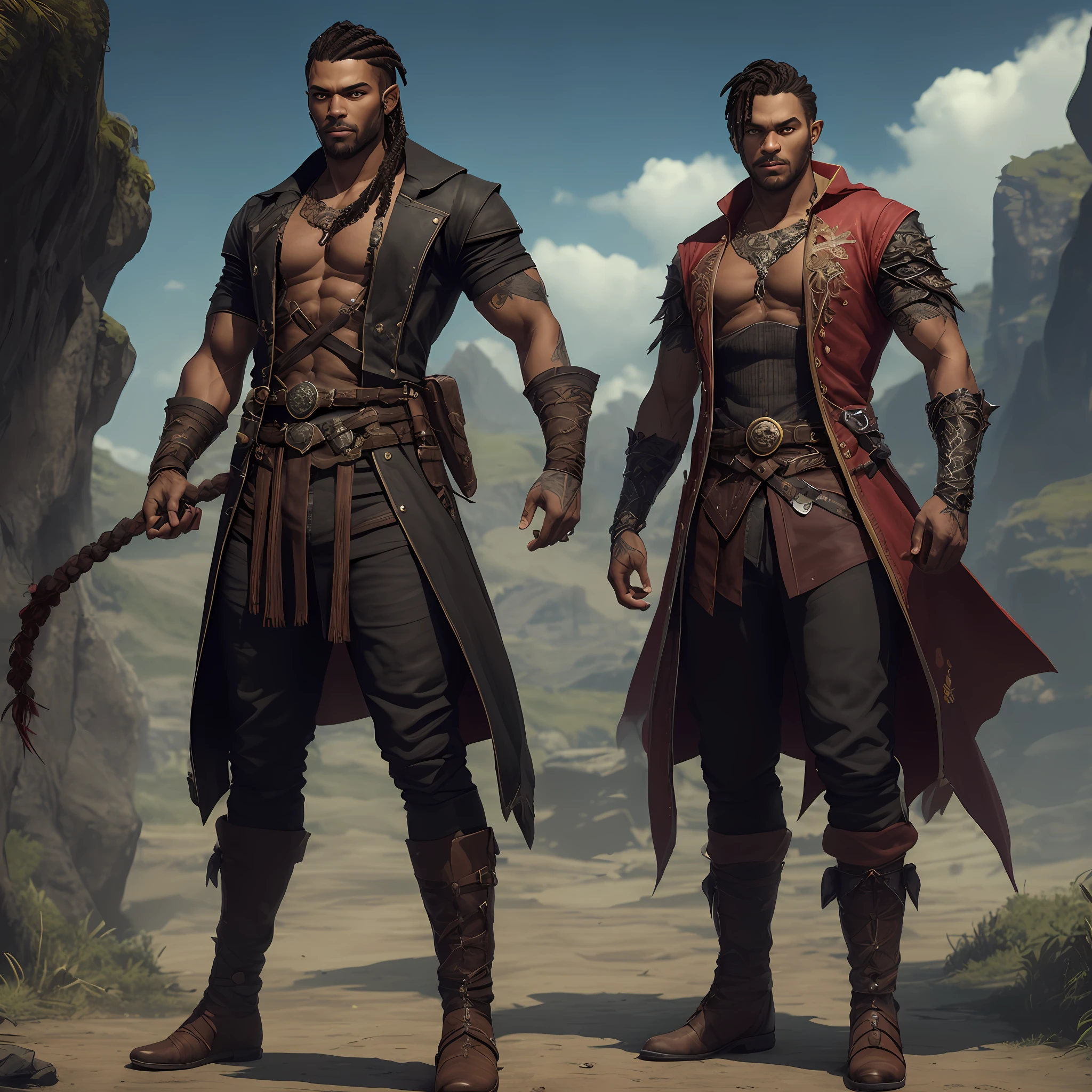 Homem negro, 4k, estilo rpg, vestimentas detalhadas, dragon eyes, full body, braided hair, elfo draconato