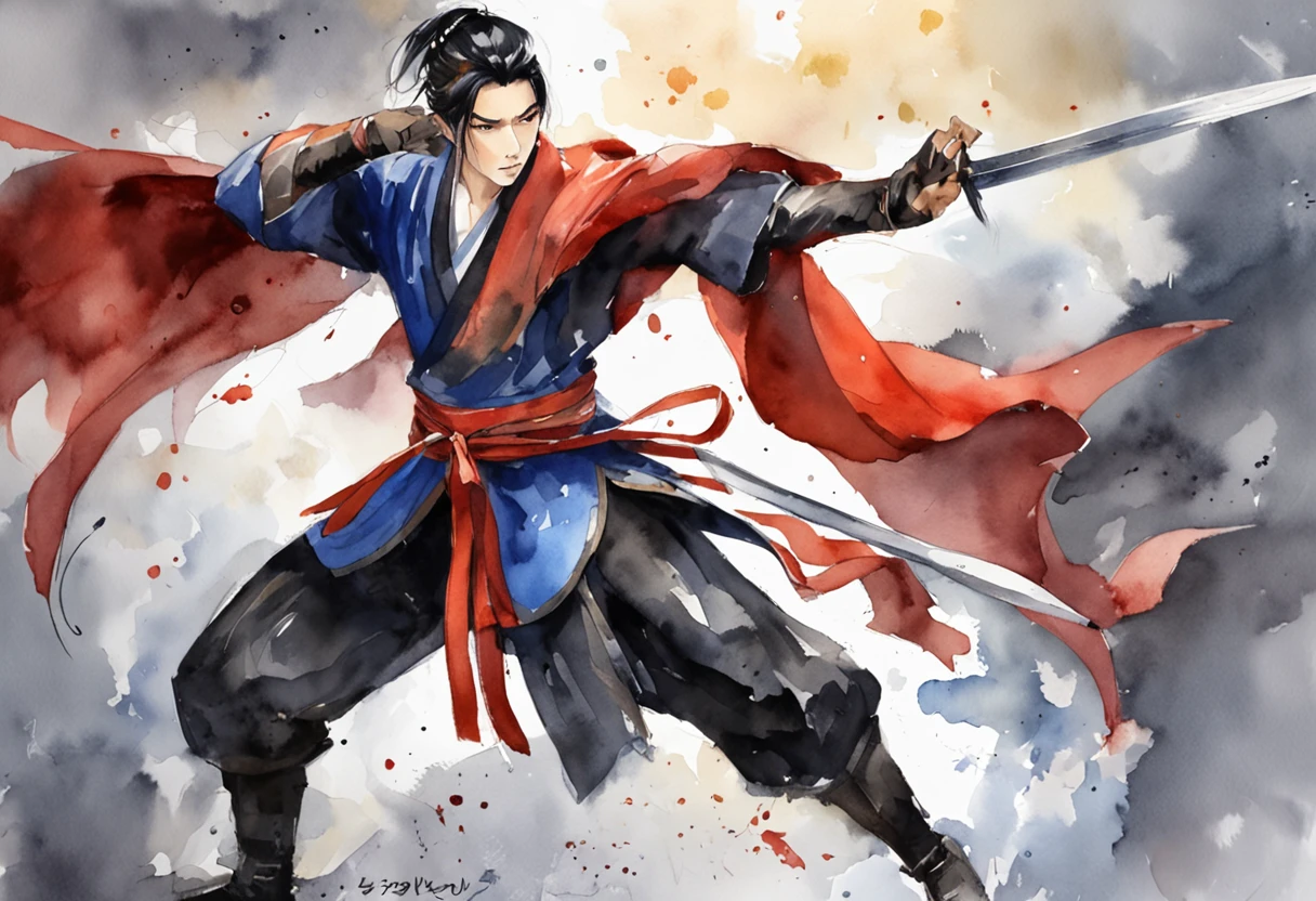 Composition with a sense of speed、Combat stance、Dark-haired young man、Soaring black hair、Blue national costume、Wielding a dagger、