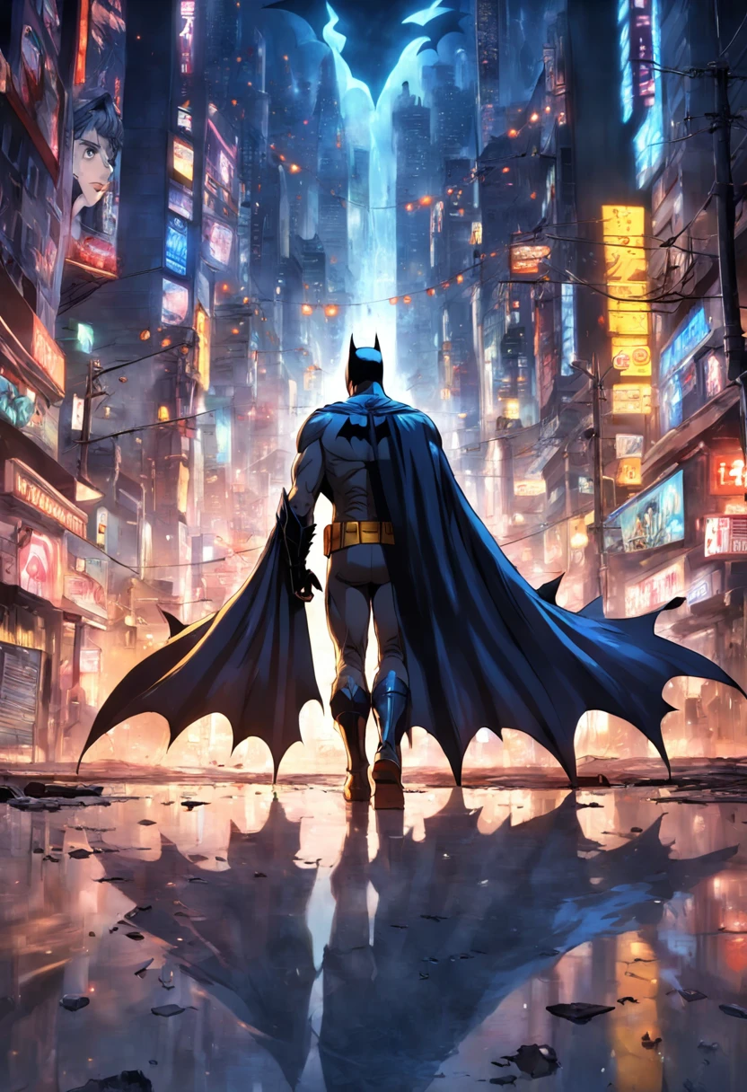 Mistura de Batman, superman e Flash, tipo multiverso, fundo de cidade, personagens felizes, prontos para a batalha