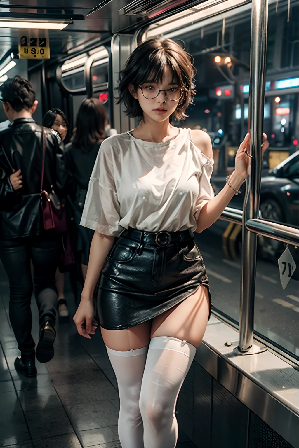 The lower body is a black ultra-low waist，Attractive woman、The white transparent shirt on the upper body is elegantly draped over her curvy figure、(ultra-low waist)、She leaned over，Standing worriedly on the subway。、bathed in the soft light of the moonlight、The scene is、With a mysterious and sexy touch、It exudes an ethereal dreamy atmosphere。The lights are filled with soft moonlight、casting soft highlights and shadows on her charming features。(white  shirt、black lence stockings、long leges)、Wear a hip skirt、Short skirt with low rise、Black heels、(wears glasses)、Large breasts、Long legs、perspired、Three-dimensional facial features、４ｋ、８ｋ、RAW photography、best qualityer、(cabelos preto e longos、Head rope)、A high resolution、High-quality photos、pensive expression、Melancholy、Open-mouthed、bite lips、is shy、(Wear a thong、High slit、open waist、Bare back、Dewy、Black skinny miniskirt、Tong)、Look up at the camera、Watching from behind、(Bend over)、Thong full view