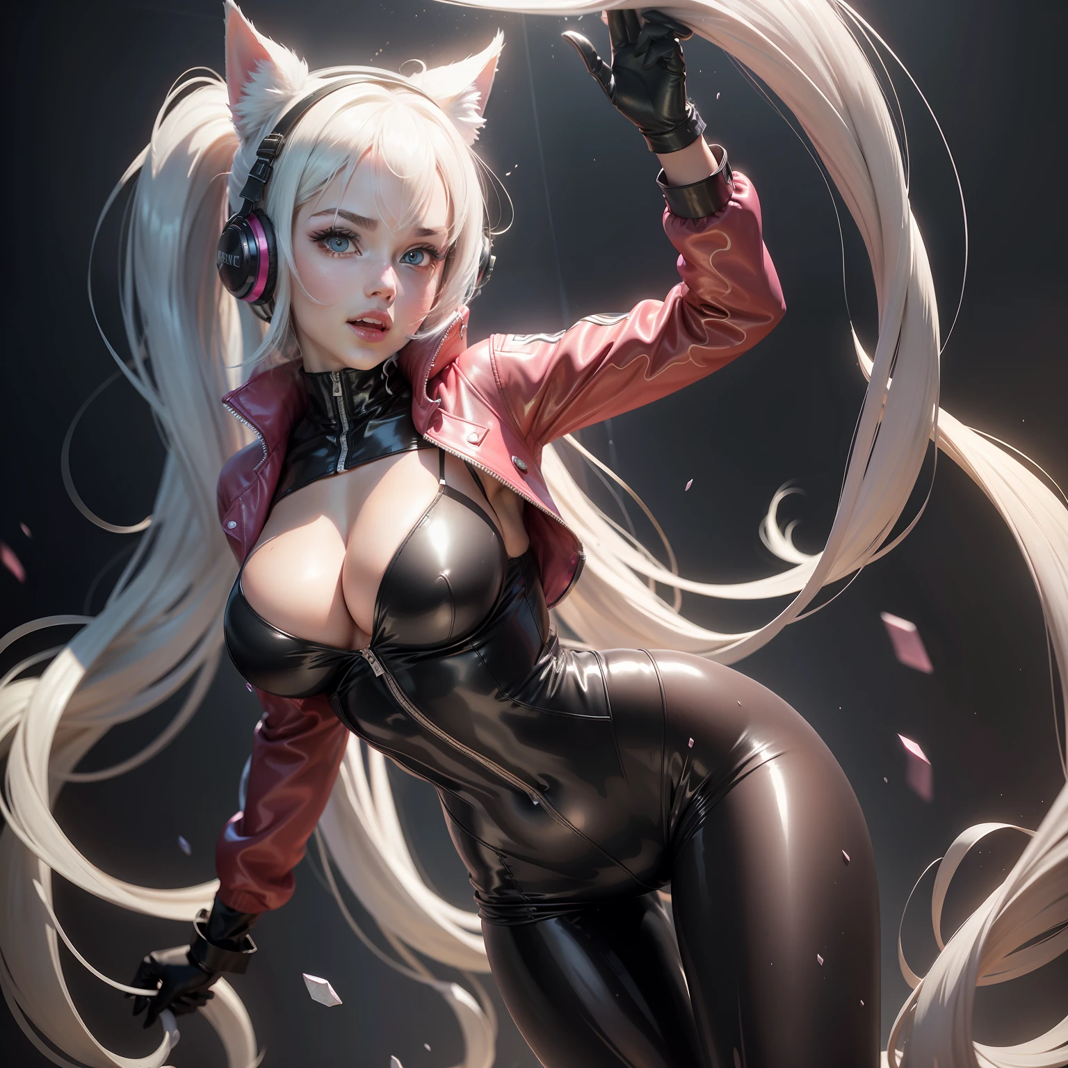 (RAW photo, best quality, mastery:1.2), (realistic, photo-realistic:1.4),(masterpiece:1.4),(best quality:1.4),1girl, solo, :d, animal ear headphones, animal ears, arms up, bangs, blush, tights, breasts, bunny pose, clothes writing, covering the navel, denim shot, Short jacket, fake animal ears, gloves, simple background, looking at the audience, hair intake, headphones, impossible tights, impossible clothes, jacket, big breasts, latex, latex jumpsuit, long hair, long sleeves, looking at the audience, colorful gloves, open mouth, pink jumpsuit, pink eyes, red eyes, red jacket, shiny clothes, shrug \(clothes\), sidelocks, skin tight, smile, thigh gap, thighs, double ponytail, very long hair, White gloves, white hair, alice (nikke), (shiny skin), realistic, soft-focus prime-time lighting, intense edge light, splash particles, intense shadows,