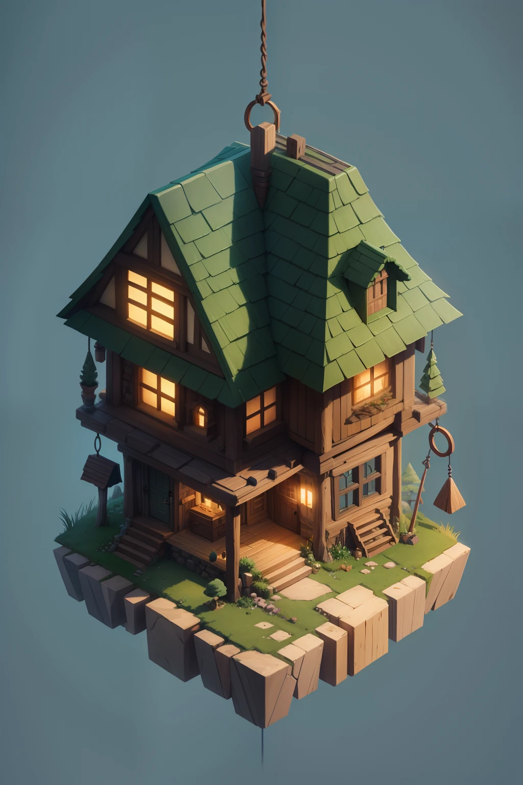 isometric house, RPG style, cartoony, DnD, fantasy, mobile game,primitive man,animal bone,stone,wood, suspended in the air